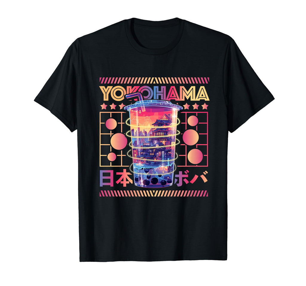 Yokohama City 80S Synthwave Boba Tea T-Shirt - Custom Art Print for Adults - T-Shirt, Sweatshirt, Hoodie