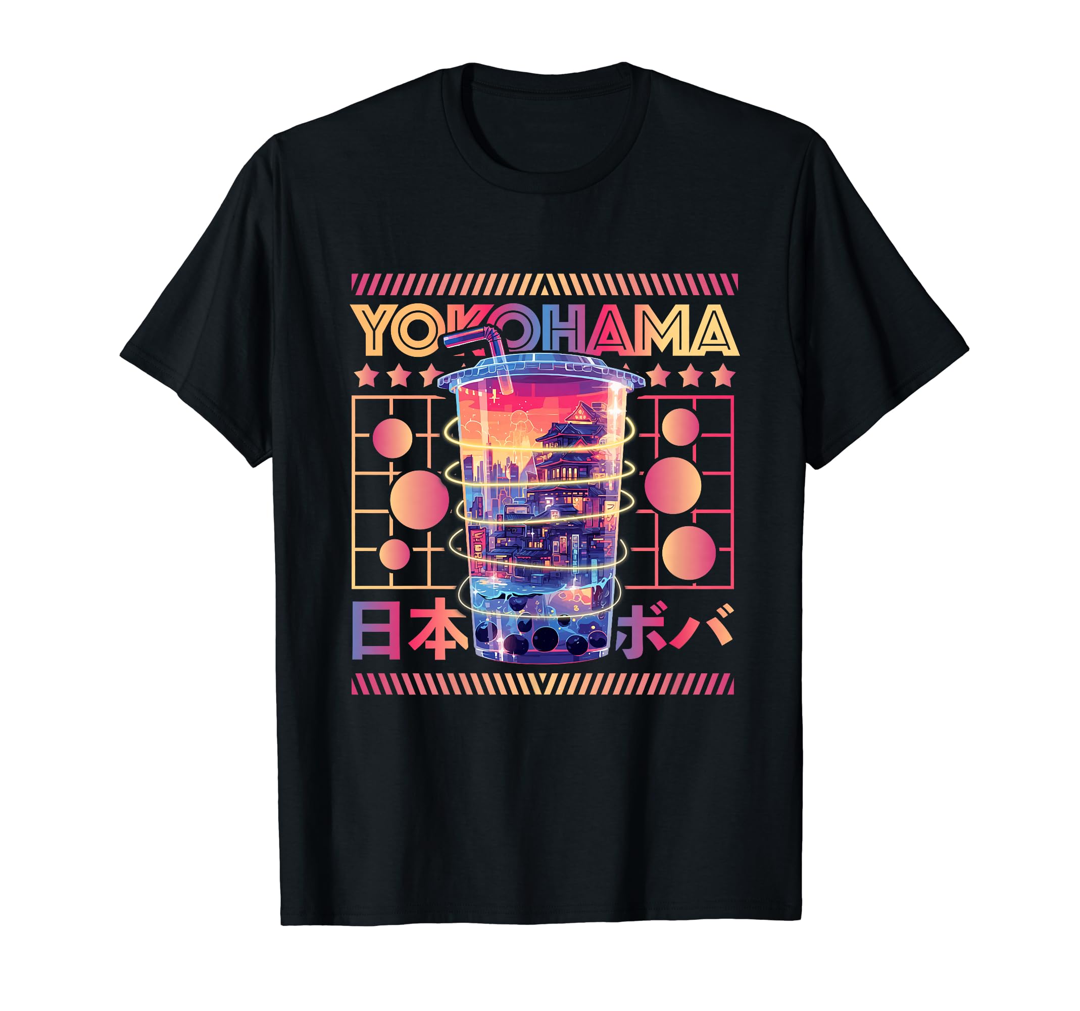 Yokohama City 80S Synthwave Boba Tea T-Shirt - Custom Art Print for Adults - T-Shirt, Sweatshirt, Hoodie