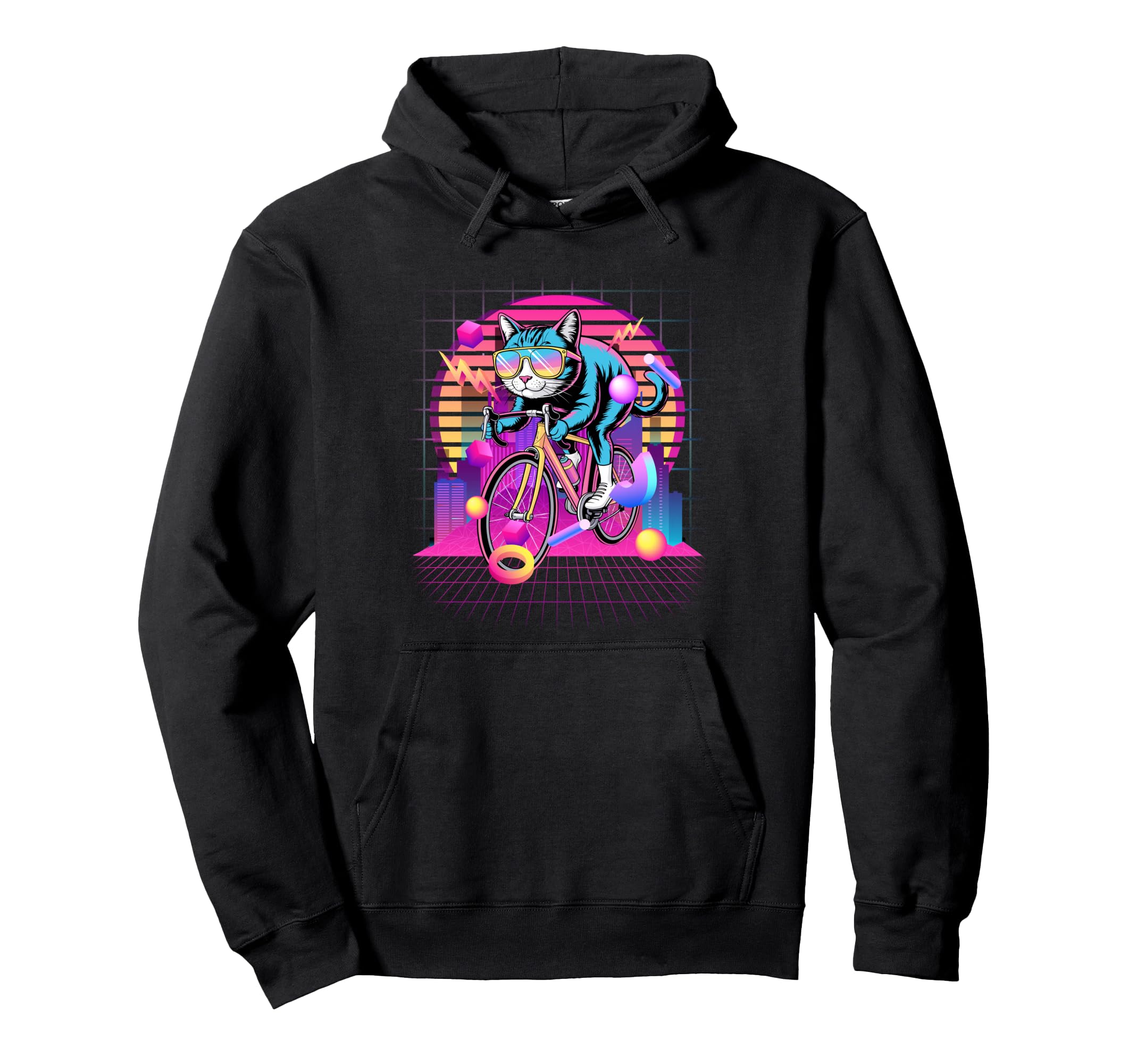Synthwave Cat Cyclist 80S Vaporwave Hoodie - Fun Novelty Design for Adults - T-Shirt, Sweatshirt, Hoodie