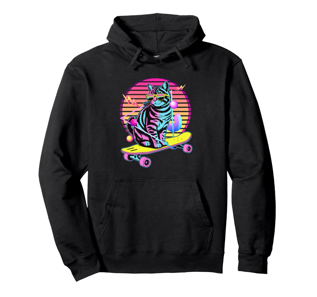 80S Synthwave Cat Skater Sunglasses Hoodie - Custom Art Print Men Women - T-Shirt, Sweatshirt, Hoodie