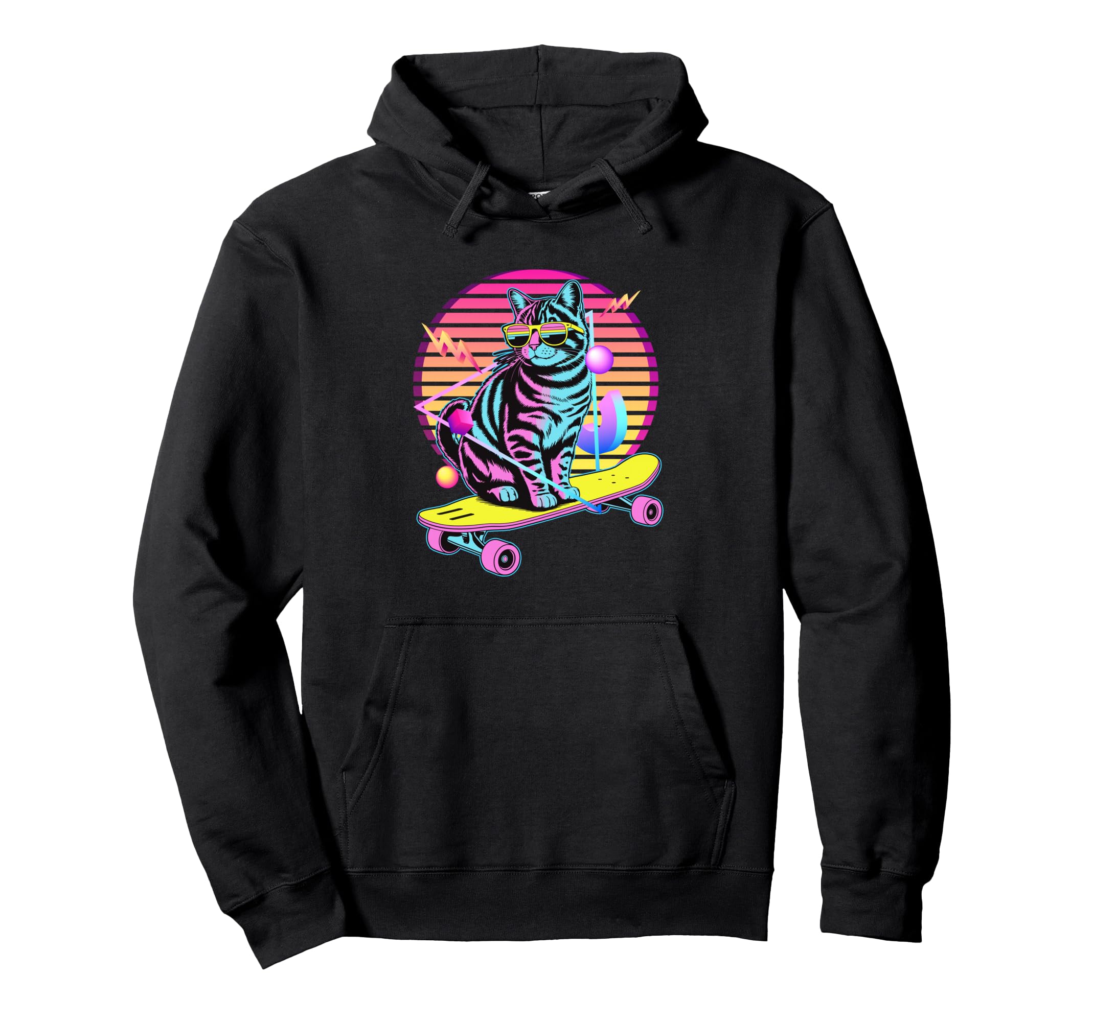 80S Synthwave Cat Skater Sunglasses Hoodie - Custom Art Print Men Women - T-Shirt, Sweatshirt, Hoodie