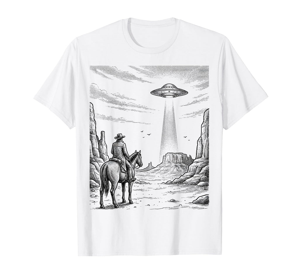 Cowboy Ufo Encounter Western Desert T-Shirt - Aesthetic Graphic Unisex - T-Shirt, Sweatshirt, Hoodie
