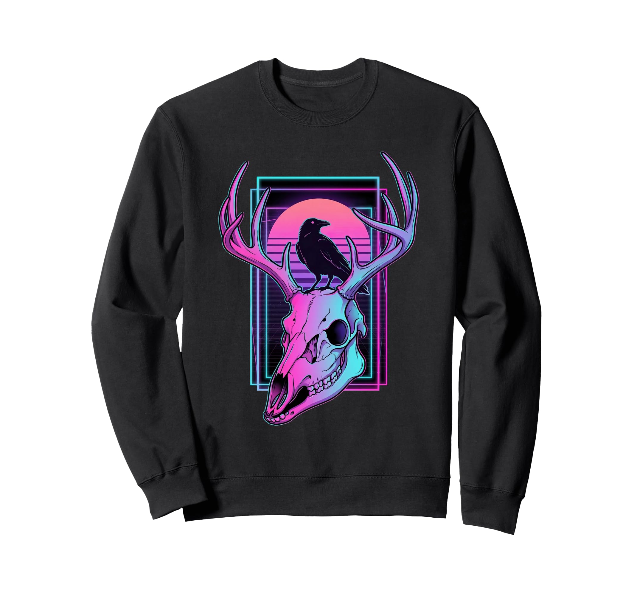 Vaporwave Deer Skull Raven Synthwave Sweatshirt - Custom Art Print Unisex - T-Shirt, Sweatshirt, Hoodie