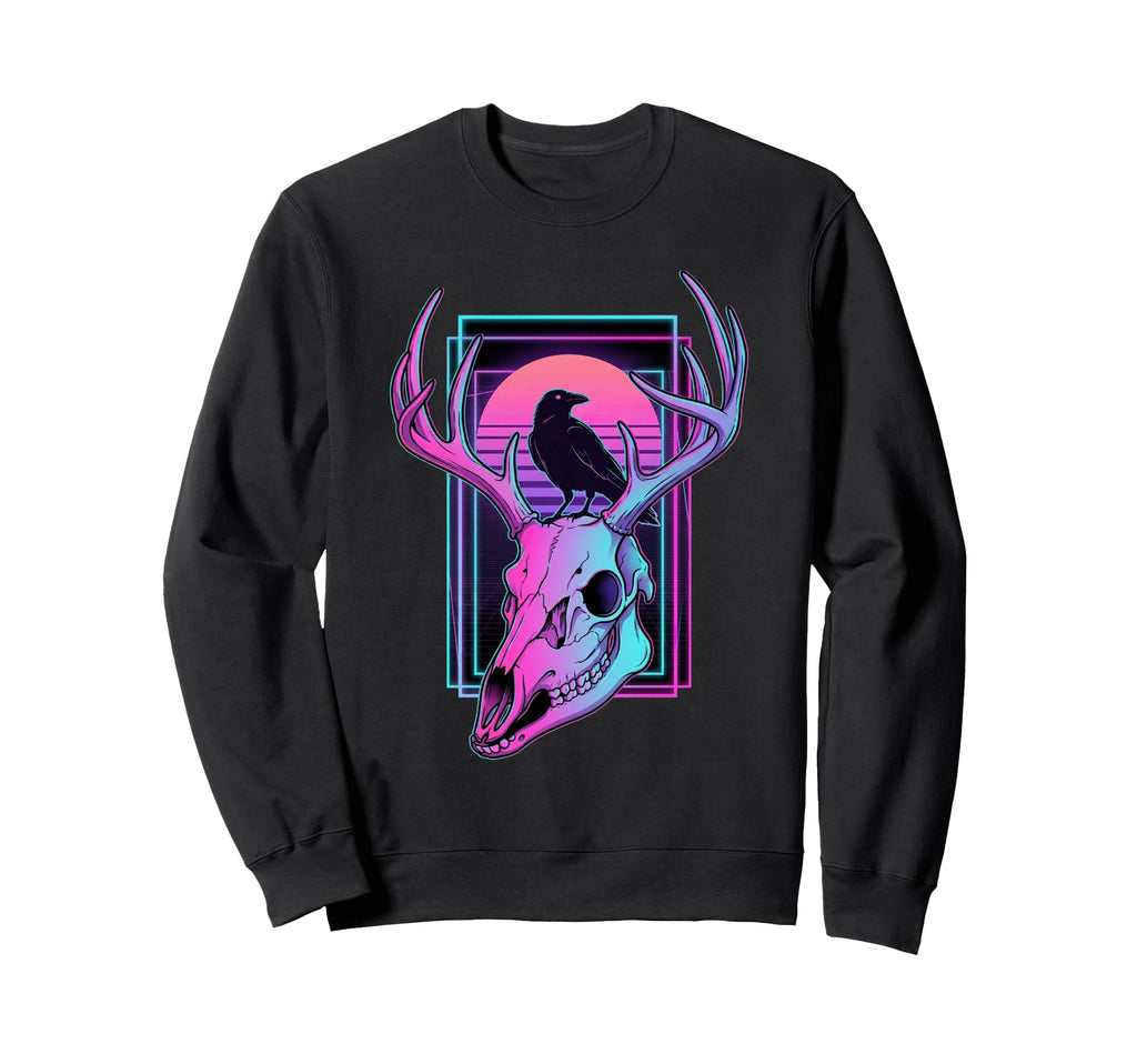 Vaporwave Deer Skull Raven Synthwave Sweatshirt - Aesthetic Graphic Unisex - T-Shirt, Sweatshirt, Hoodie