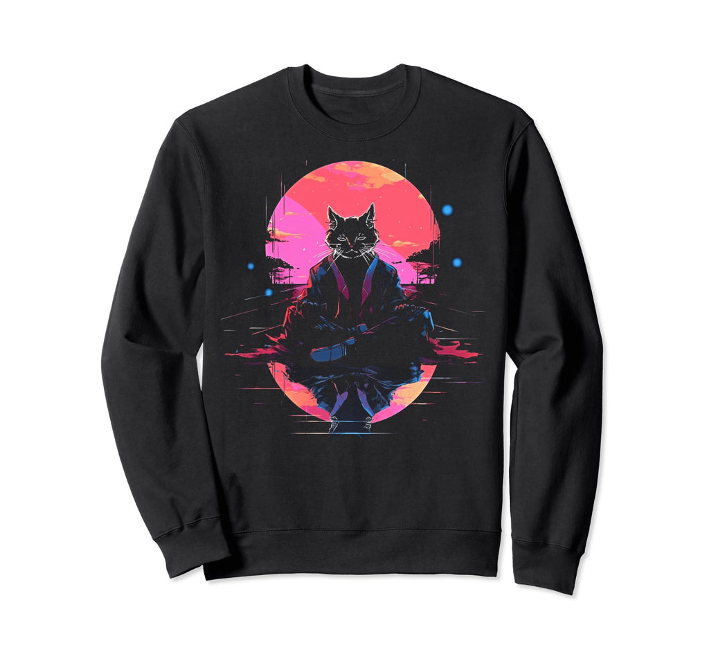 Synthwave Cat Samurai Mediation Sweatshirt - Streetwear Style Unisex - T-Shirt, Sweatshirt, Hoodie