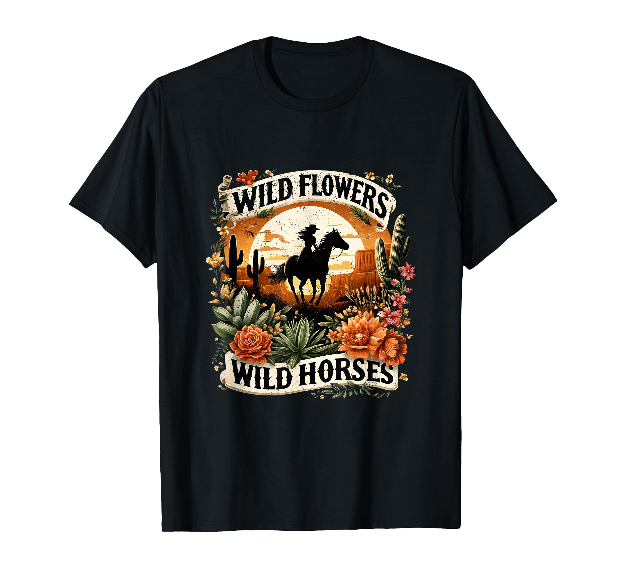 Wild Flowers Cowgirls Riding Horses T-Shirt - Custom Art Print Unisex - T-Shirt, Sweatshirt, Hoodie
