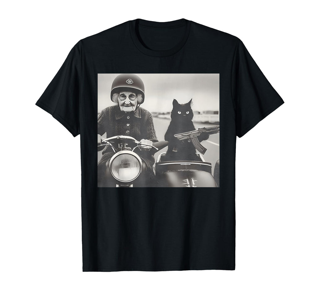 Granny And Her Armed Cat Riding Motorcycle T-Shirt - Graphic Print Unisex - T-Shirt, Sweatshirt, Hoodie