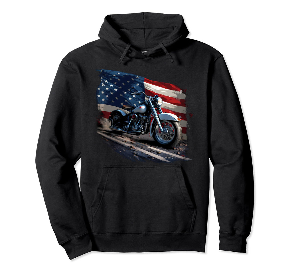 Motorcycle American Flag Distressed Hoodie - Custom Art Print Men Women - T-Shirt, Sweatshirt, Hoodie