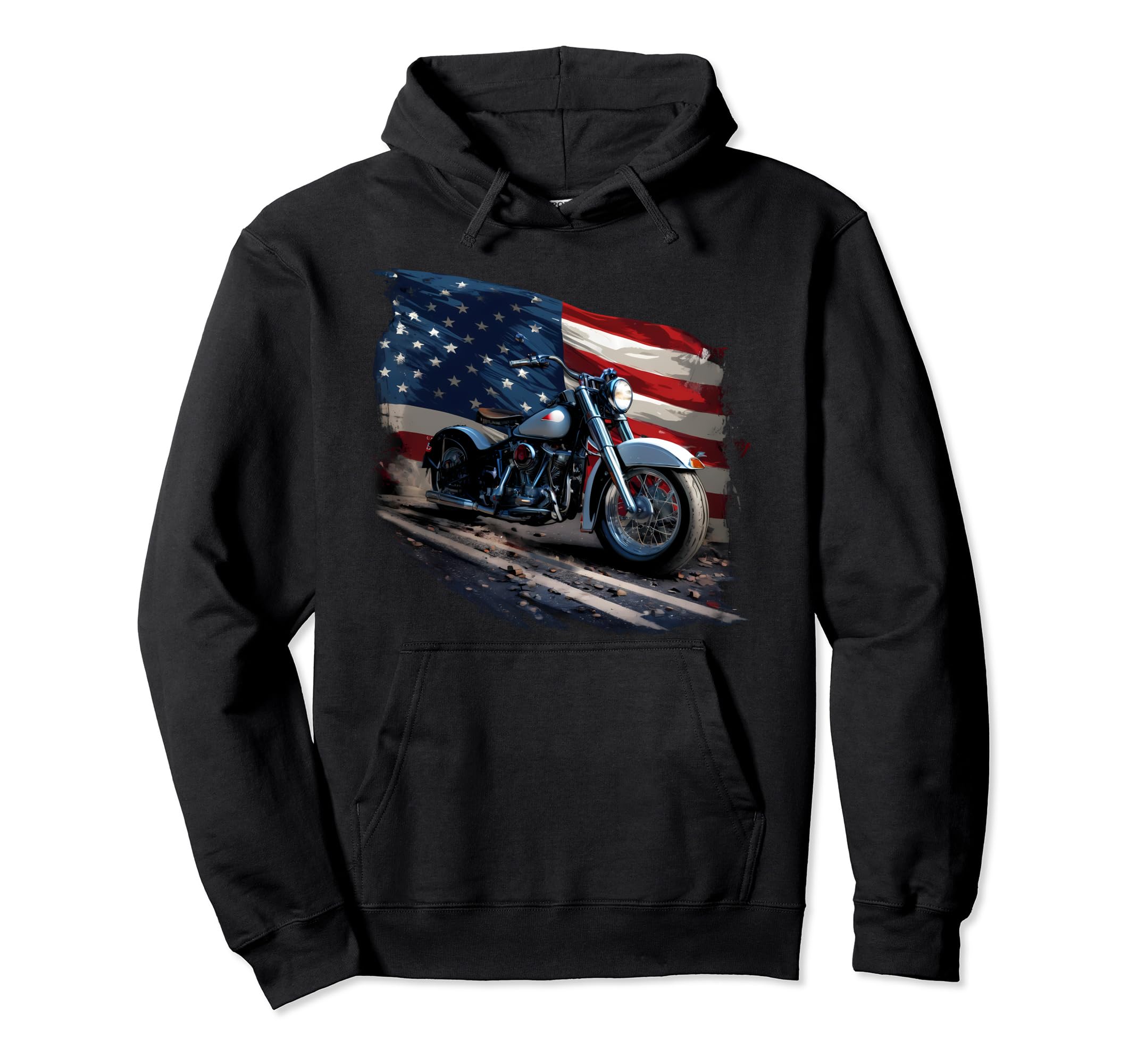 Motorcycle American Flag Distressed Hoodie - Custom Art Print Men Women - T-Shirt, Sweatshirt, Hoodie