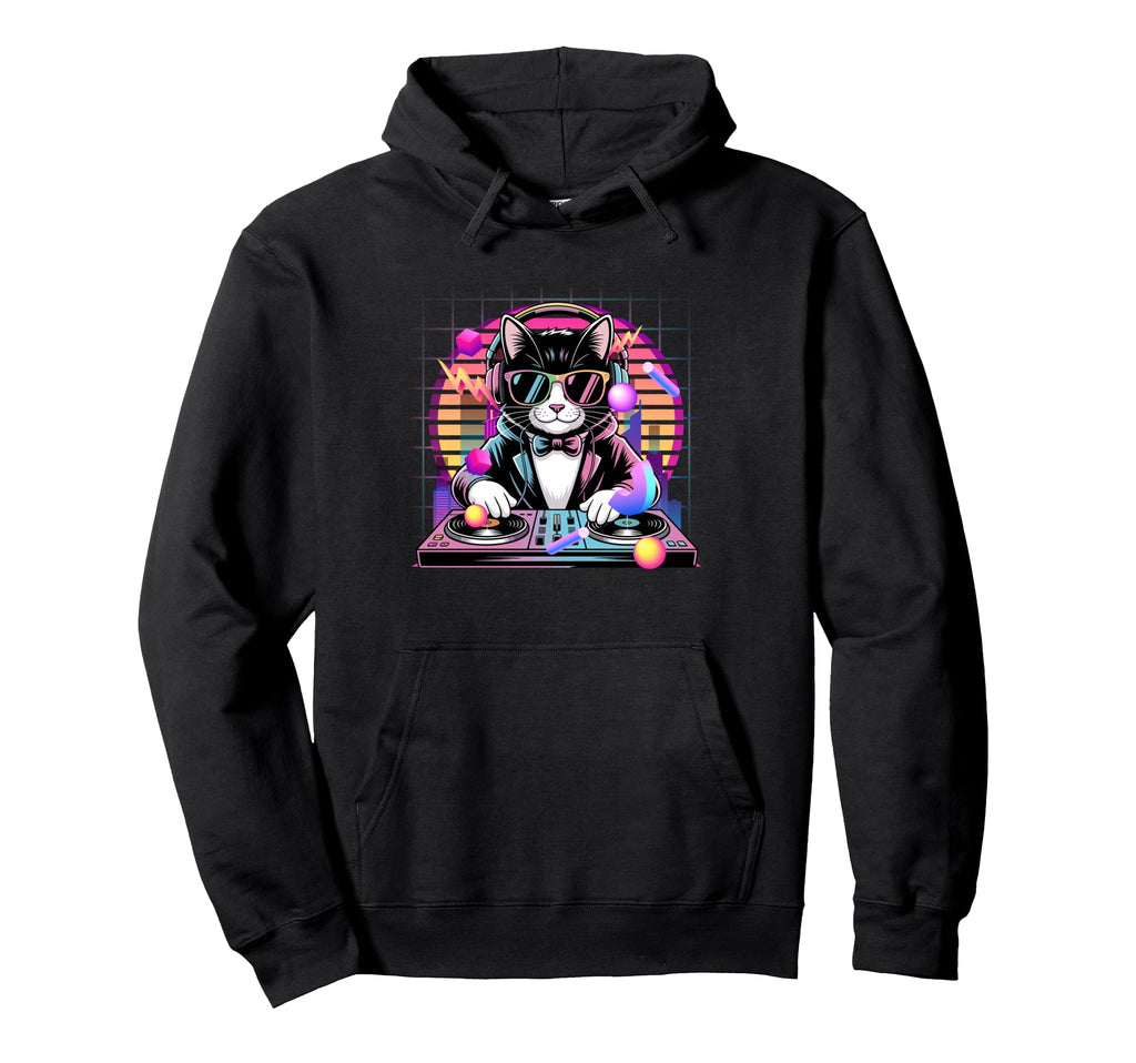 80S Synthwave Dj Cat Headphones Hoodie - Casual Everyday Wear for Adults - T-Shirt, Sweatshirt, Hoodie