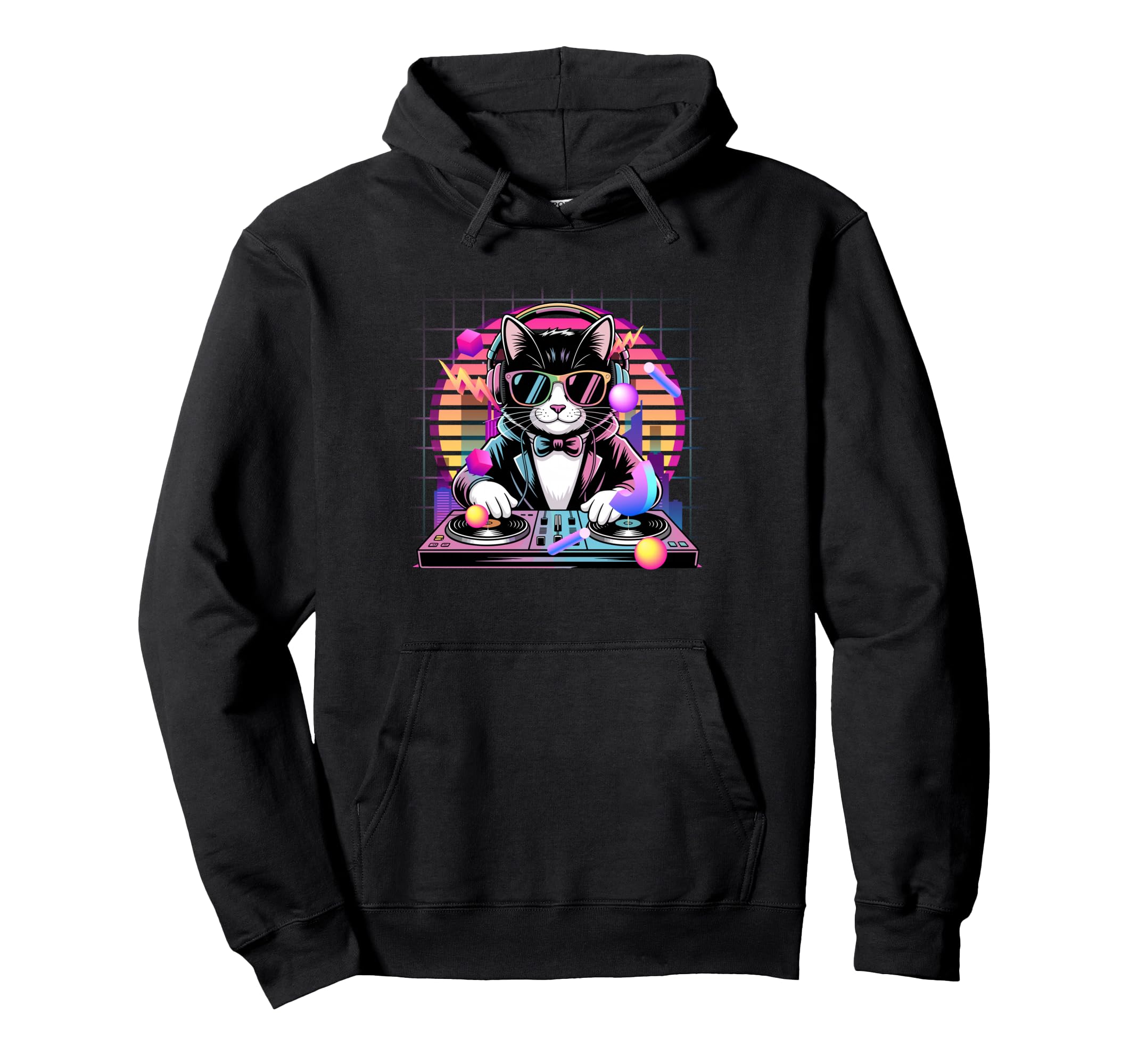 80S Synthwave Dj Cat Headphones Hoodie - Casual Everyday Wear for Adults - T-Shirt, Sweatshirt, Hoodie