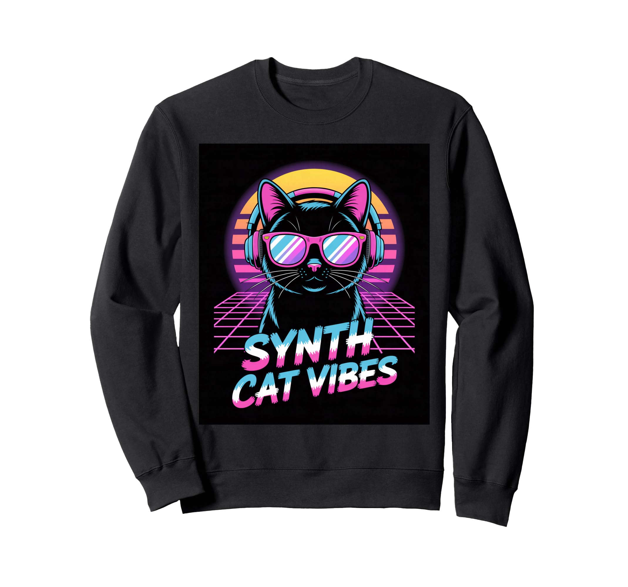Synth Cat Vibes 80S Synthwave Sweatshirt - Aesthetic Graphic for Adults - T-Shirt, Sweatshirt, Hoodie
