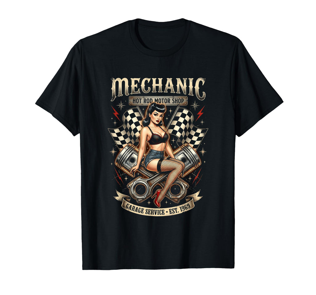 Mechanic Hot Rod Garage Pin Up T-Shirt - Trendy Graphic Men Women - T-Shirt, Sweatshirt, Hoodie