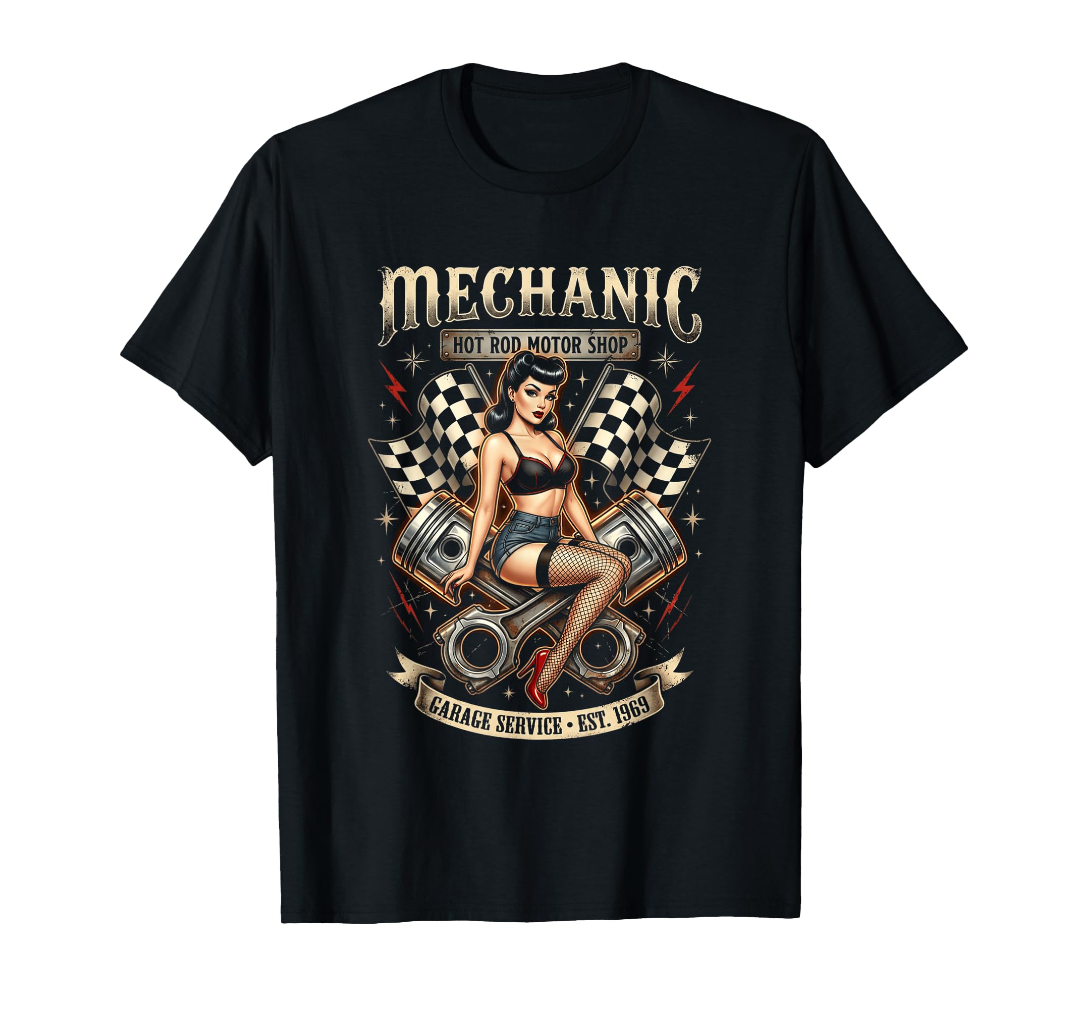 Mechanic Hot Rod Garage Pin Up T-Shirt - Trendy Graphic Men Women - T-Shirt, Sweatshirt, Hoodie