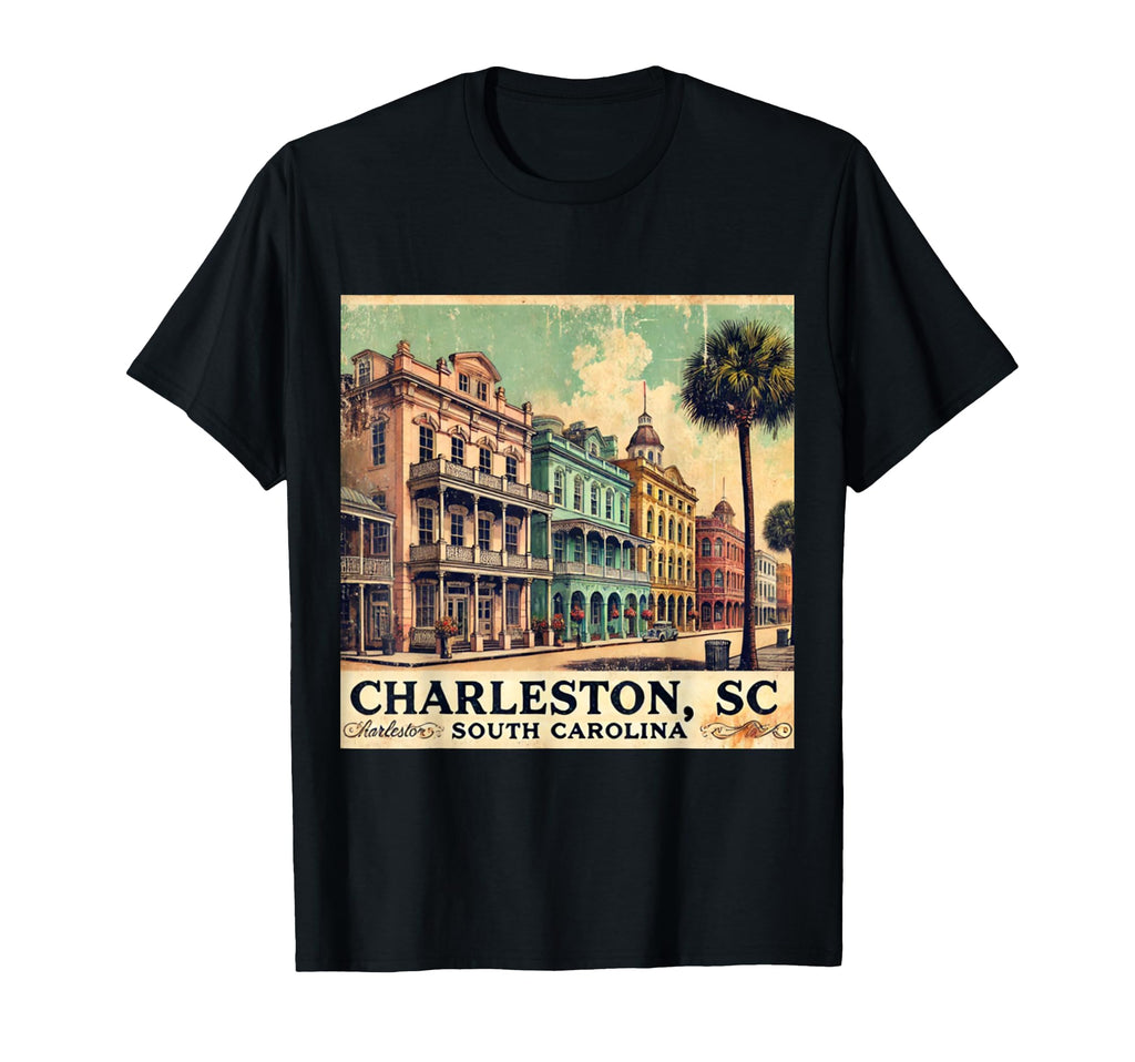 Charleston Sc Postcard Rainbow Row T-Shirt - Minimalist Print Unisex - T-Shirt, Sweatshirt, Hoodie