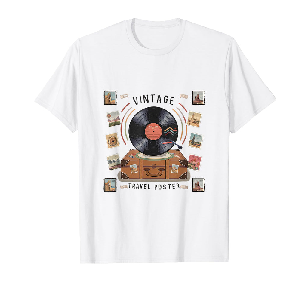 Travel Vinyl Record Motifs Stamps T-Shirt - Graphic Print for Adults - T-Shirt, Sweatshirt, Hoodie