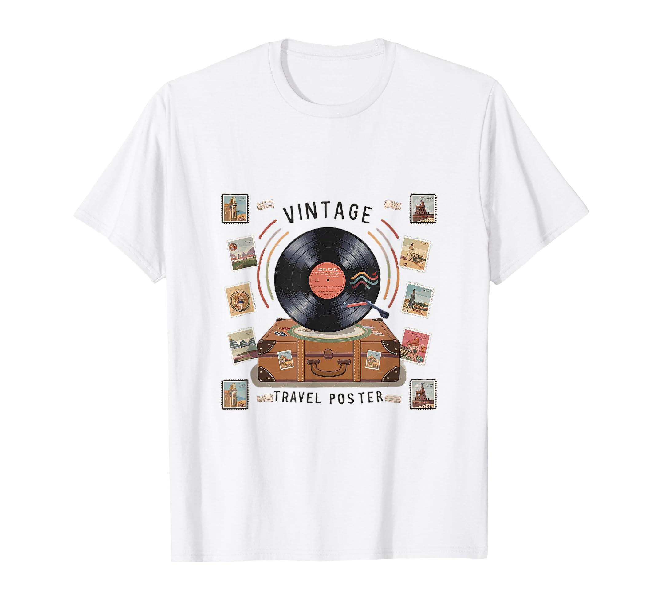 Travel Vinyl Record Motifs Stamps T-Shirt - Graphic Print for Adults - T-Shirt, Sweatshirt, Hoodie