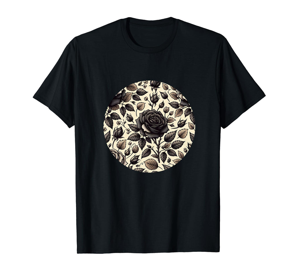 Black Roses Flower Pattern Black T-Shirt - Minimalist Print Men Women - T-Shirt, Sweatshirt, Hoodie
