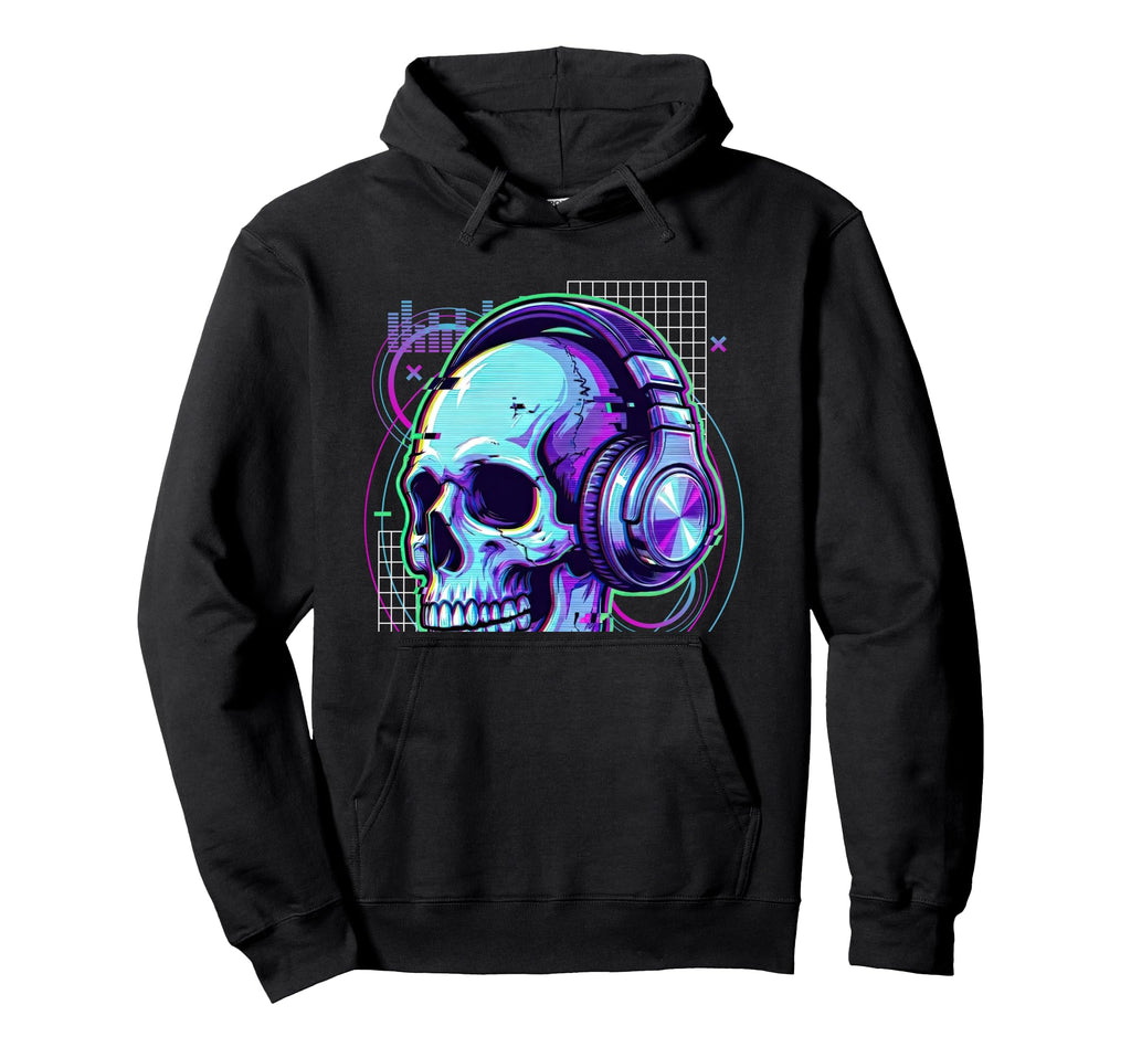 Rave Dj Skull Glitch Synthwave Edm Hoodie - Custom Art Print Men Women - T-Shirt, Sweatshirt, Hoodie