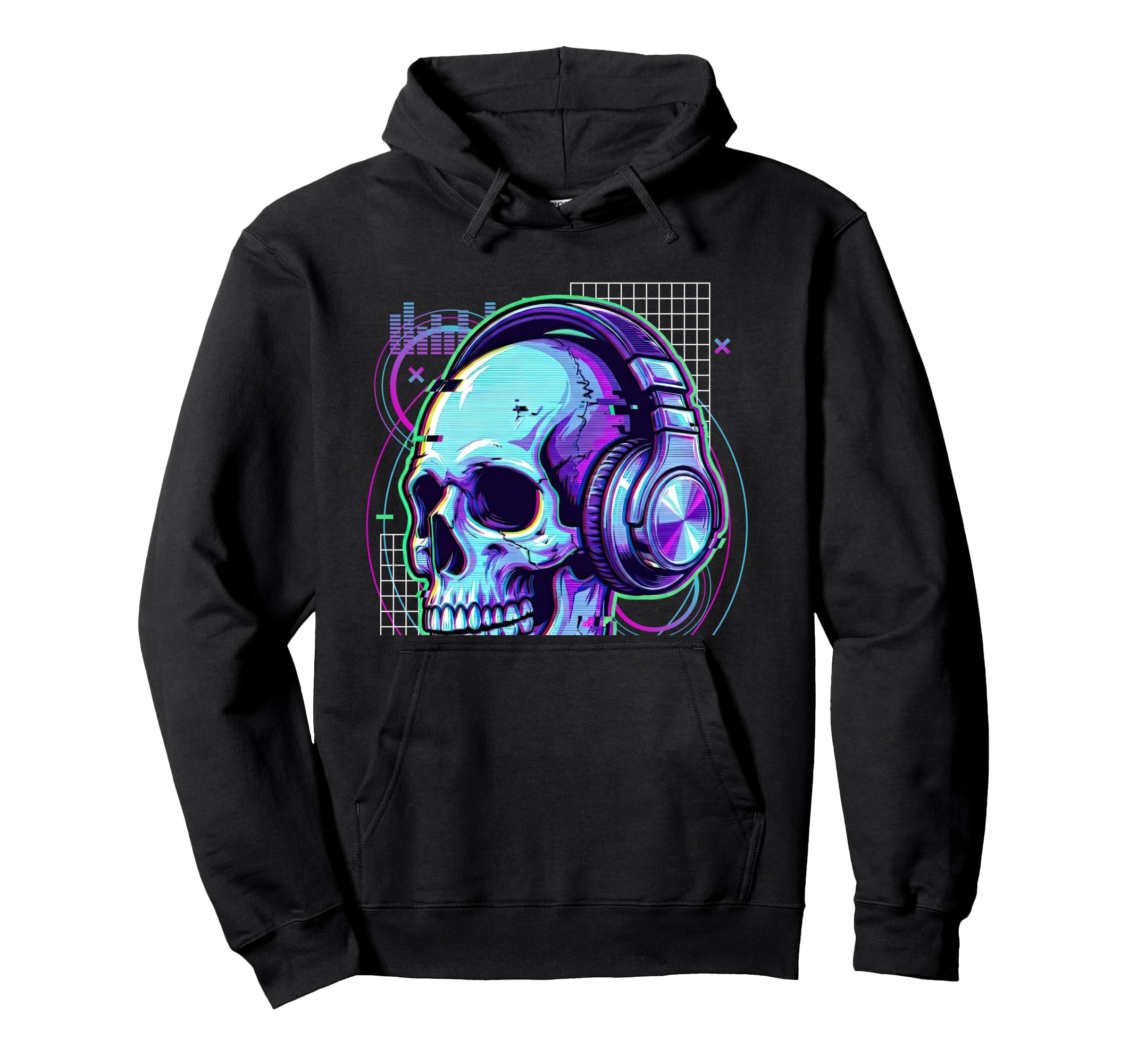 Rave Dj Skull Glitch Synthwave Edm Hoodie - Custom Art Print Men Women - T-Shirt, Sweatshirt, Hoodie