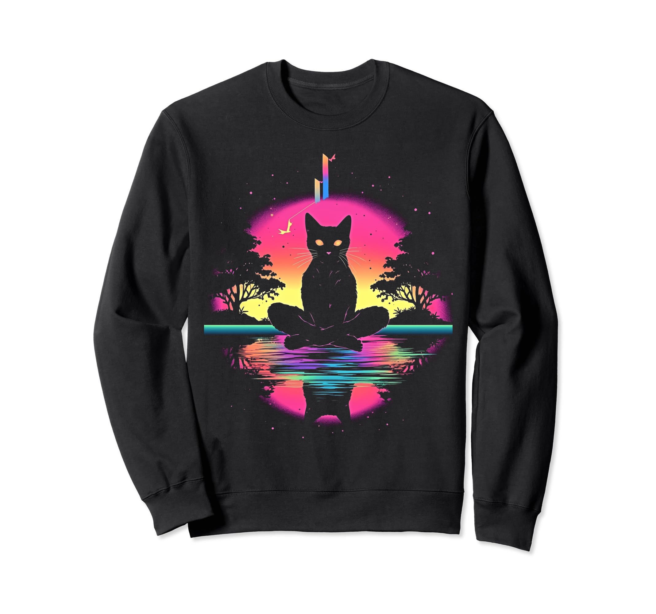Synthwave Cat Samurai Mediation Sweatshirt - Unique Graphic for Adults - T-Shirt, Sweatshirt, Hoodie