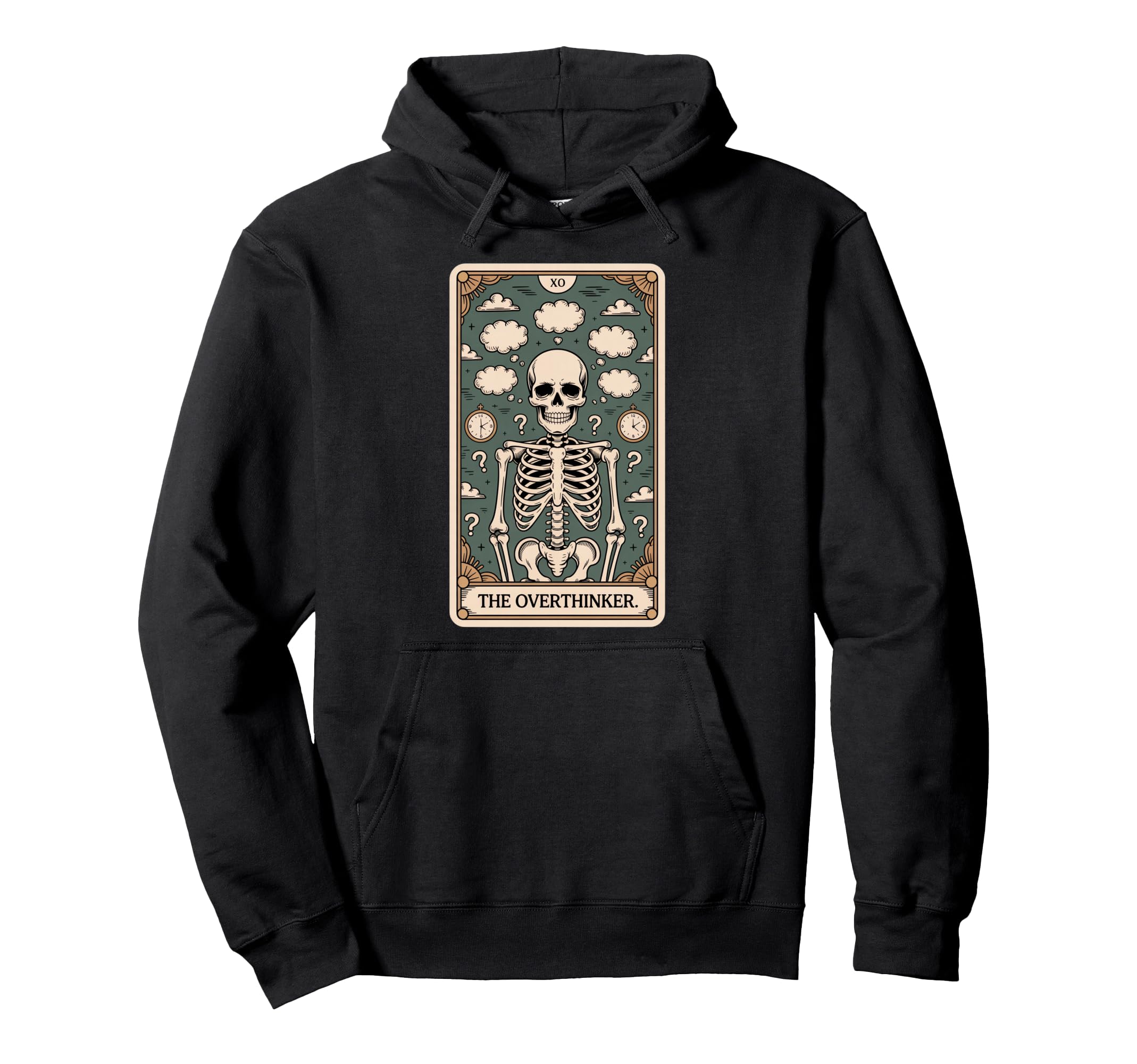 Overthinker Tarot Skeleton Clouds Clocks Hoodie - Graphic Print Men Women - T-Shirt, Sweatshirt, Hoodie