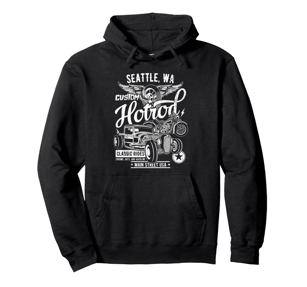 Seattle Wa Hotrod Car And Motorcycle Hoodie - Fun Novelty Design Unisex - T-Shirt, Sweatshirt, Hoodie