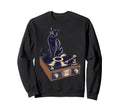 Black Cat Sitting Vinyl Record Player Sweatshirt - Novelty Apparel Unisex - T-Shirt, Sweatshirt, Hoodie