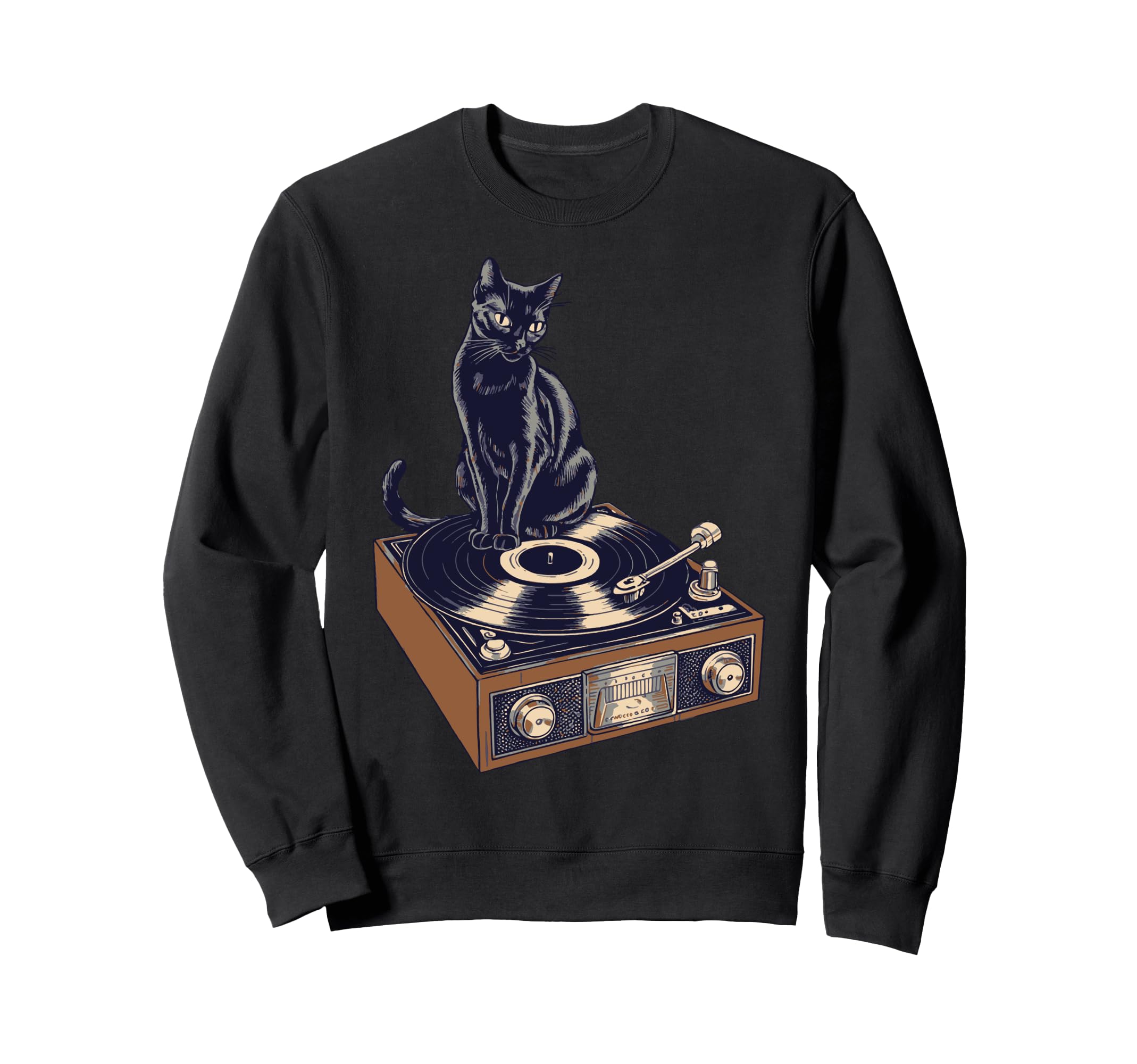 Black Cat Sitting Vinyl Record Player Sweatshirt - Novelty Apparel Unisex - T-Shirt, Sweatshirt, Hoodie