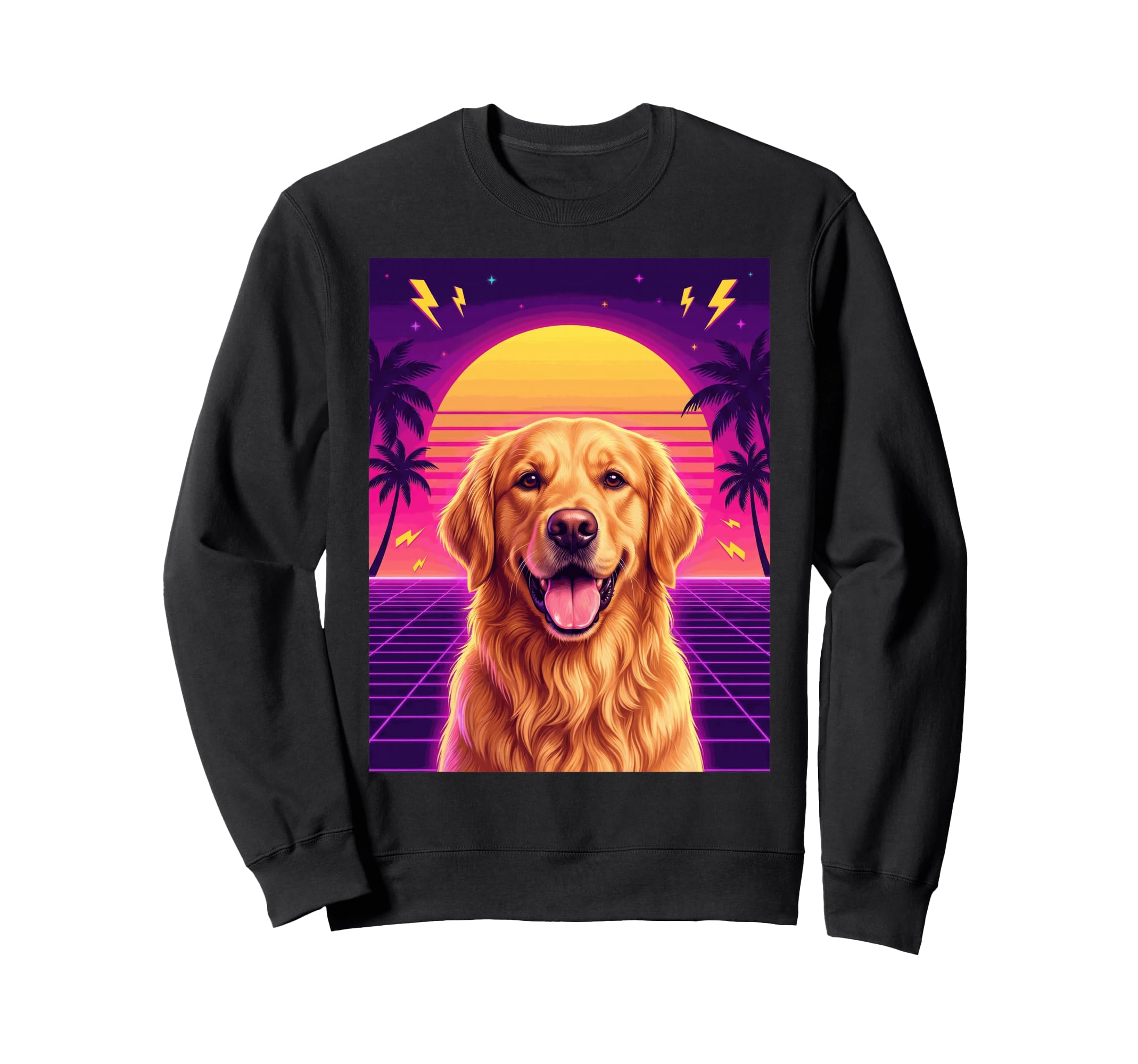 Synthwave Golden Retriever Sunset 80S Sweatshirt - Novelty Apparel Unisex - T-Shirt, Sweatshirt, Hoodie