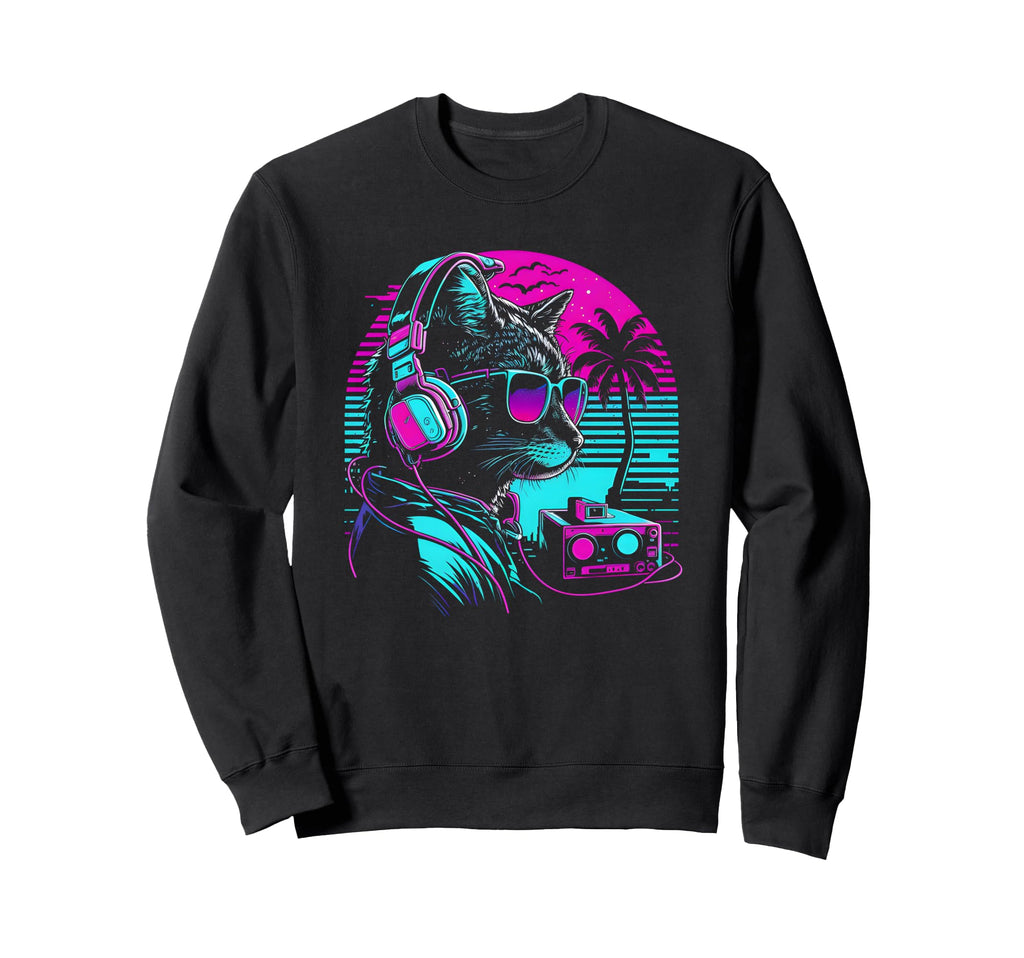 House Dj Cat 80S 90S Kitten Sunset Sweatshirt - Streetwear Style Unisex - T-Shirt, Sweatshirt, Hoodie