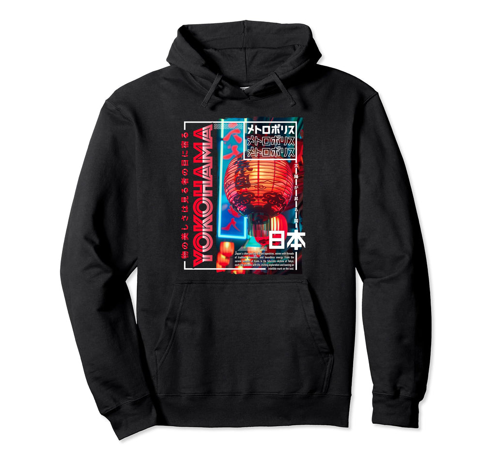 Yokohama City 80S Synthwave Lampion Hoodie - Novelty Apparel for Adults - T-Shirt, Sweatshirt, Hoodie