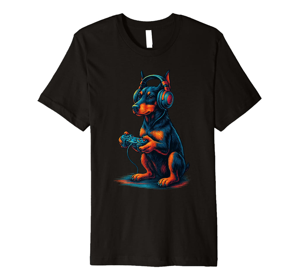 Doberman Pinscher Gamer Gaming Dog T-Shirt - Fun Novelty Design Men Women - T-Shirt, Sweatshirt, Hoodie