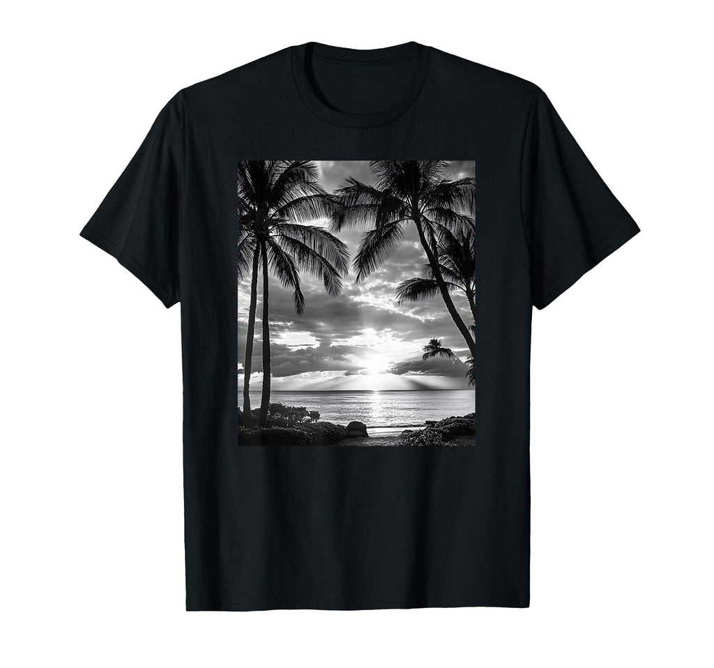 Black White Photo Palm Trees Sunset T-Shirt - Novelty Apparel for Adults - T-Shirt, Sweatshirt, Hoodie
