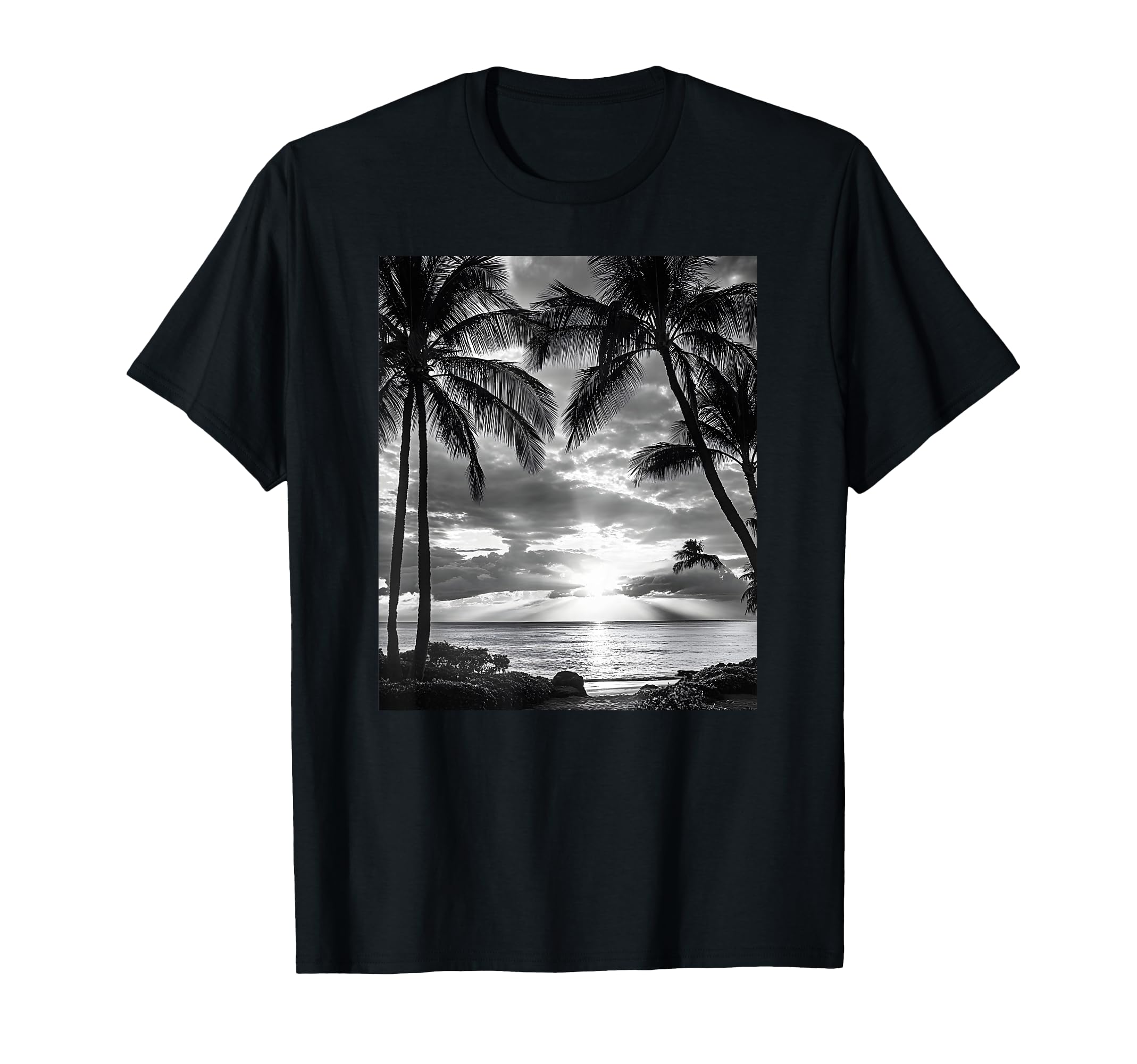 Black White Photo Palm Trees Sunset T-Shirt - Novelty Apparel for Adults - T-Shirt, Sweatshirt, Hoodie