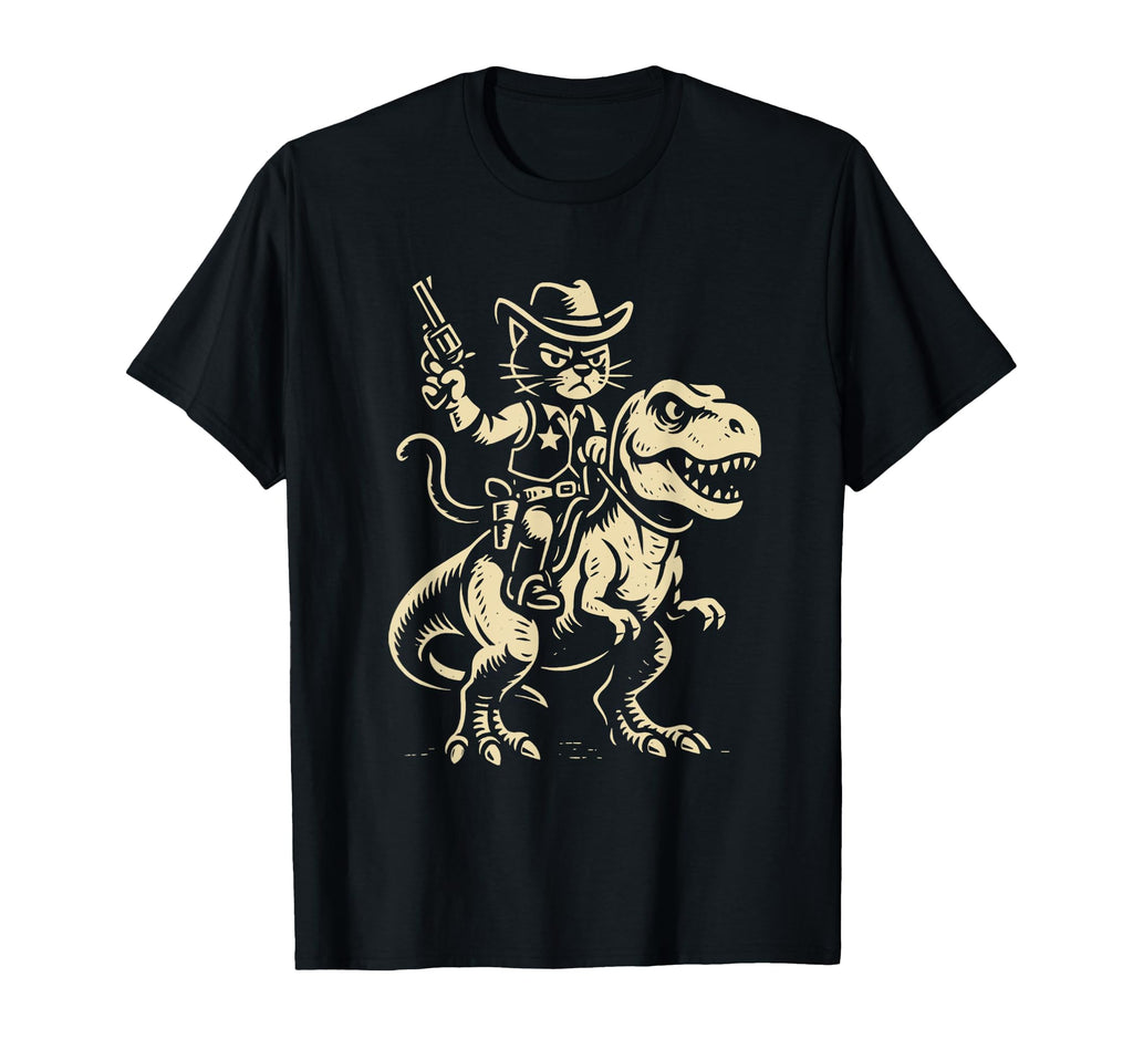 Funny Western Cat Riding Dinosaur T-Shirt - Streetwear Style for Adults - T-Shirt, Sweatshirt, Hoodie