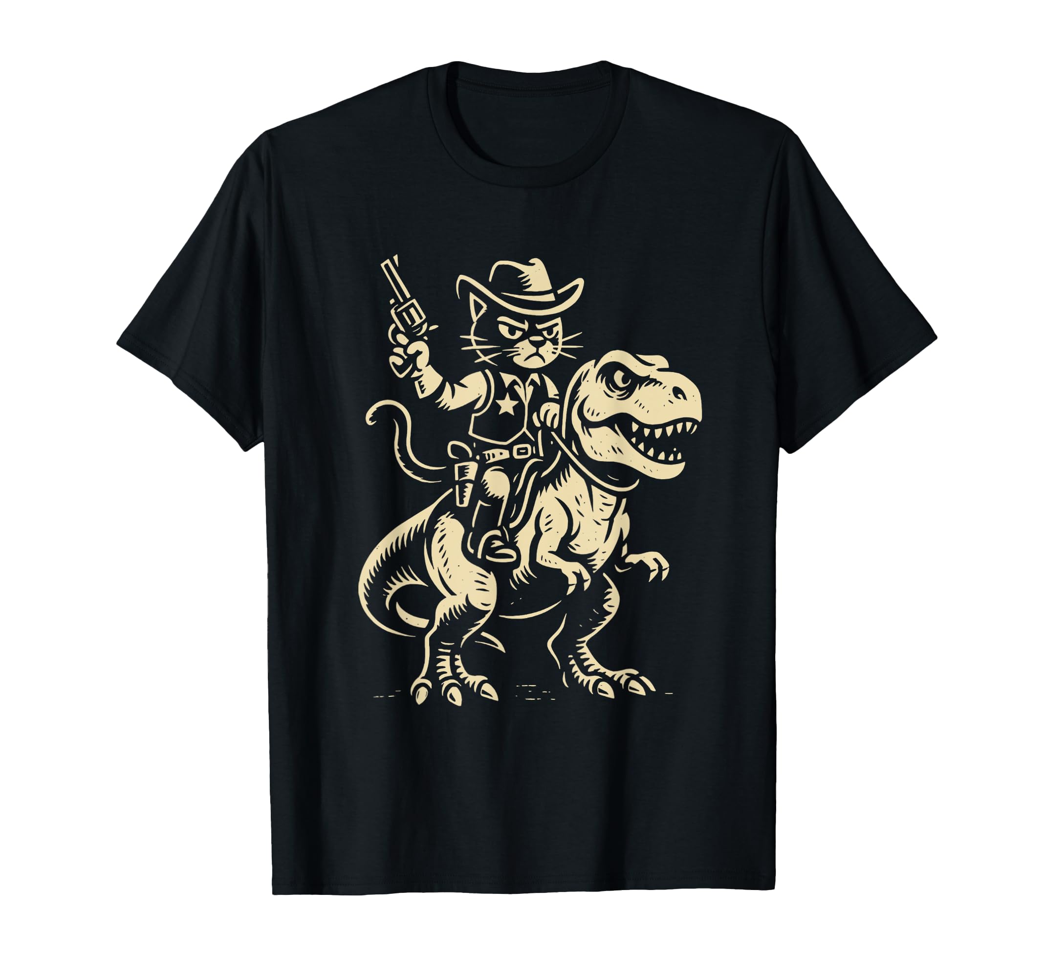 Funny Western Cat Riding Dinosaur T-Shirt - Streetwear Style for Adults - T-Shirt, Sweatshirt, Hoodie
