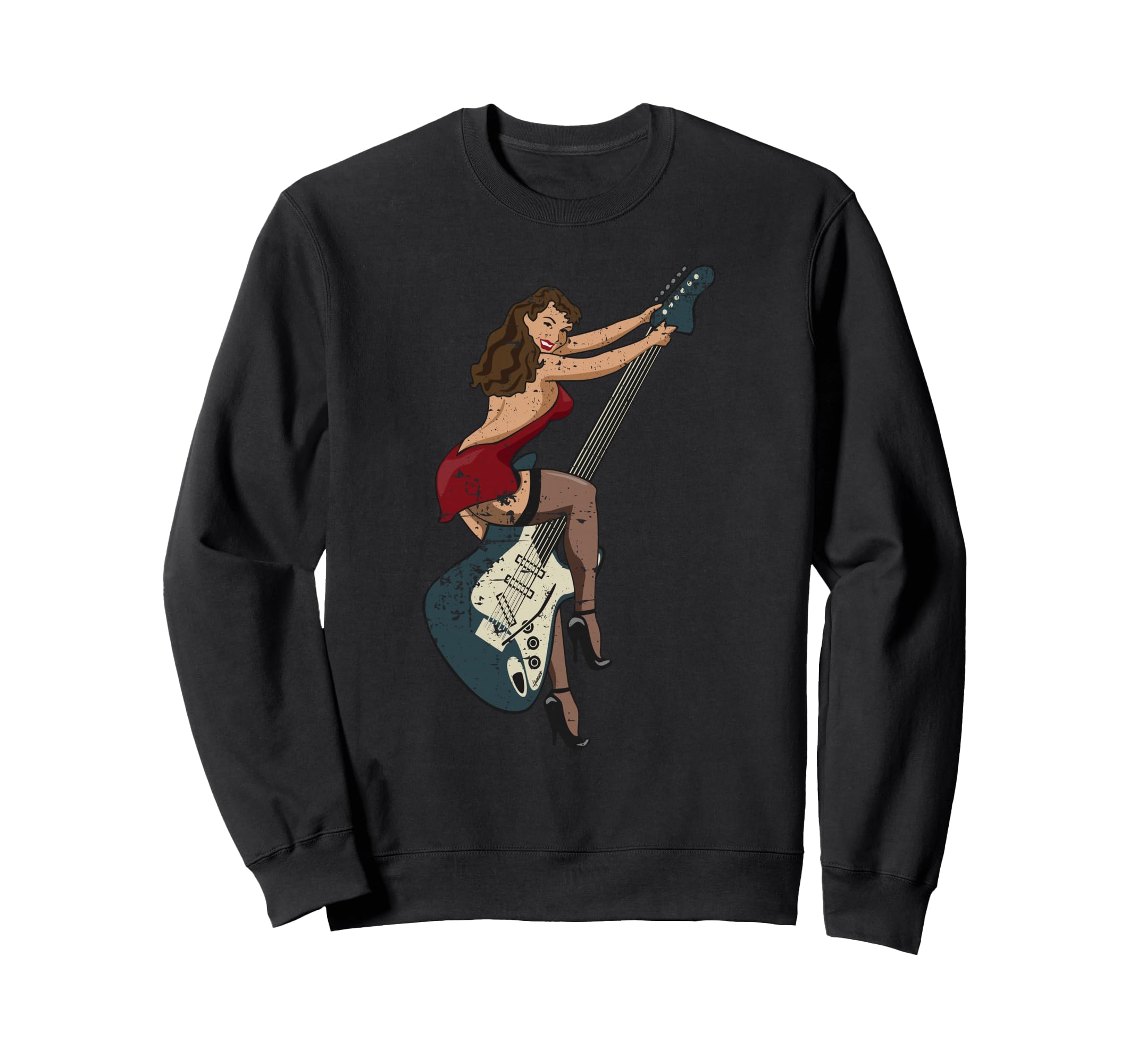 Distressed Pin Up Riding Guitar Sweatshirt - Fun Novelty Design Unisex - T-Shirt, Sweatshirt, Hoodie