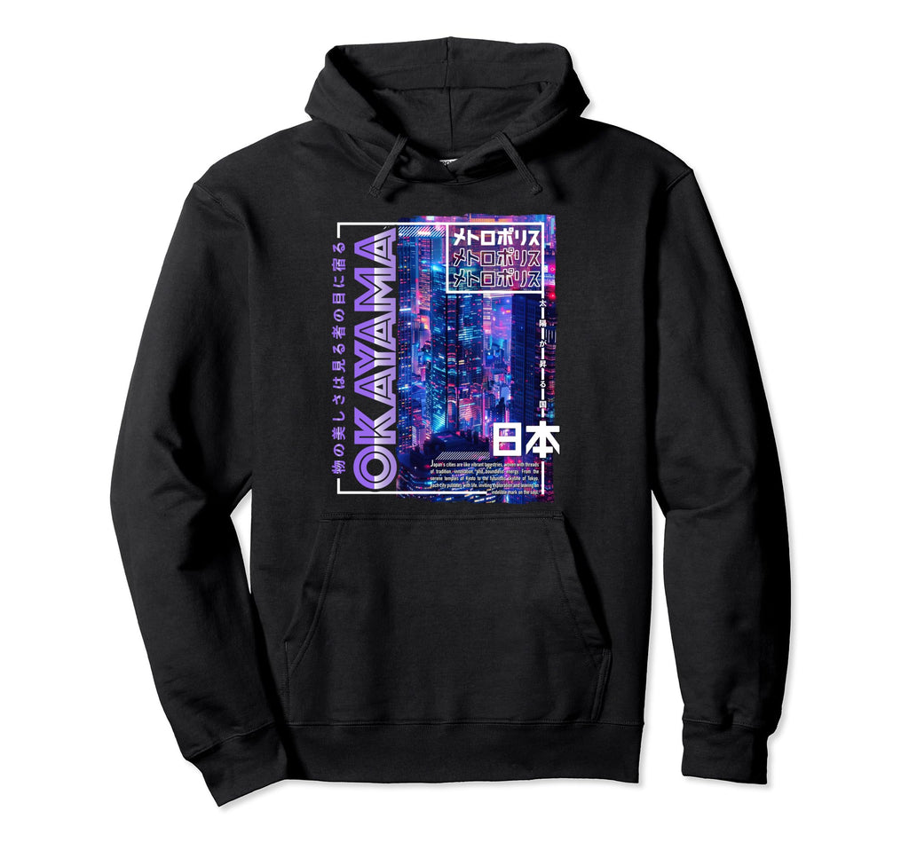 Okayama City 80S Synthwave Skyline Japan Hoodie - Custom Art Print Unisex - T-Shirt, Sweatshirt, Hoodie