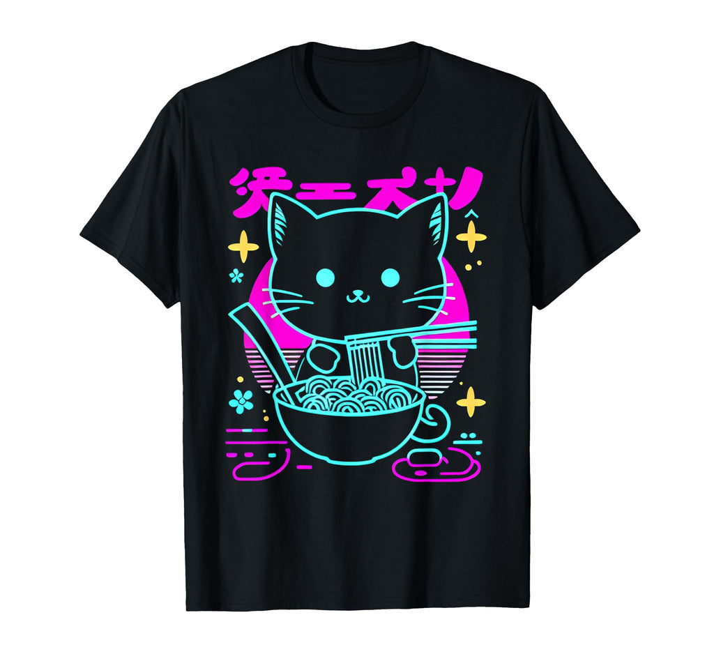 Kawaii Anime Cat Eating Ramen 80S T-Shirt - Streetwear Style Unisex - T-Shirt, Sweatshirt, Hoodie
