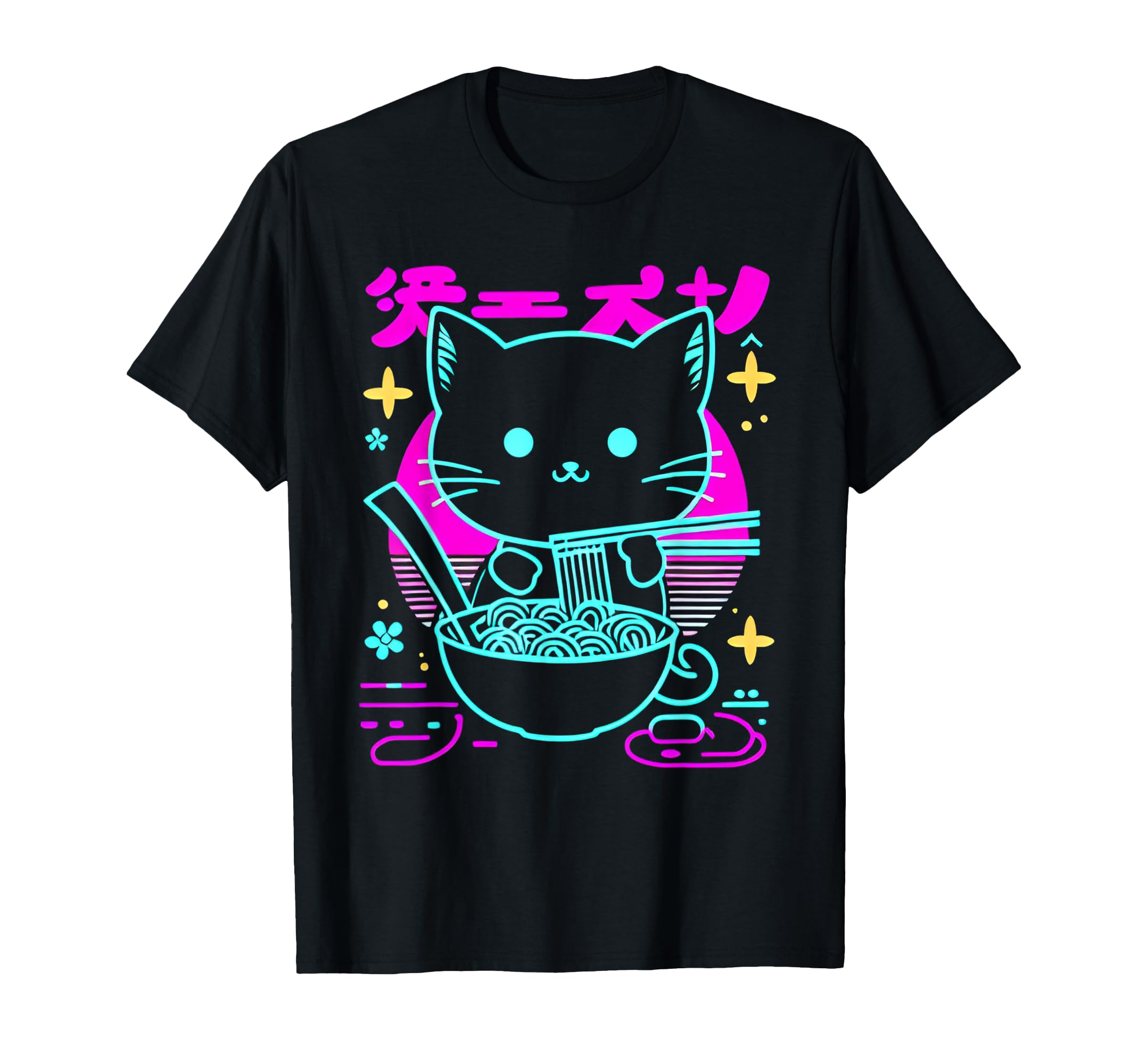 Kawaii Anime Cat Eating Ramen 80S T-Shirt - Streetwear Style Unisex - T-Shirt, Sweatshirt, Hoodie