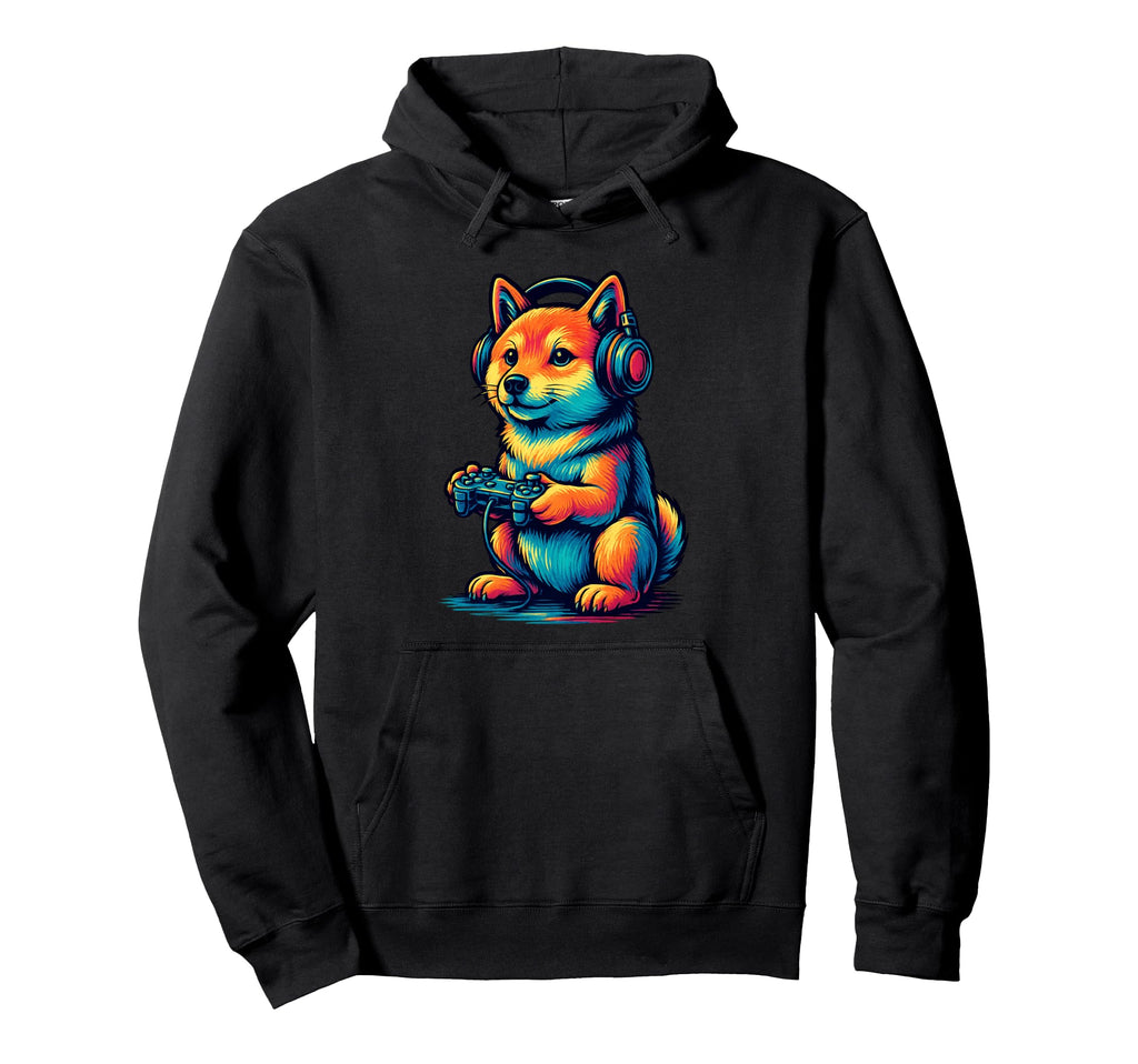 Shiba Inu Gamer Vaporwave Gaming Dog Hoodie - Fun Novelty Design Men Women - T-Shirt, Sweatshirt, Hoodie
