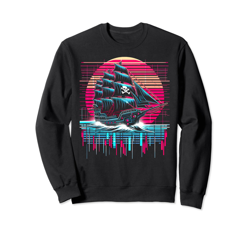 Synthwave Pirate Ship Retrowave Sunset Sweatshirt - Unique Graphic Unisex - T-Shirt, Sweatshirt, Hoodie