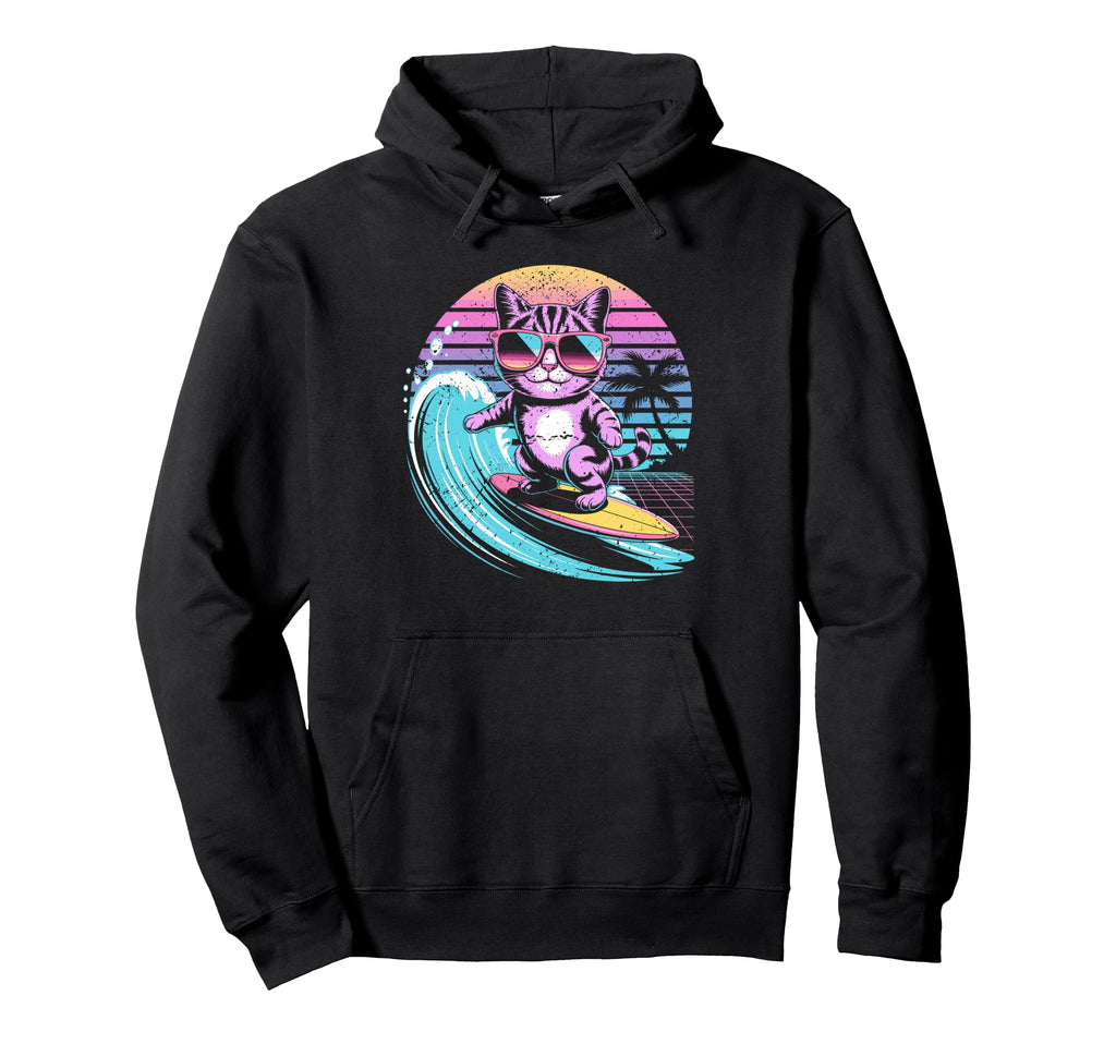 Surfing Cat 80S Synthwave Summer Hoodie - Casual Everyday Wear for Adults - T-Shirt, Sweatshirt, Hoodie