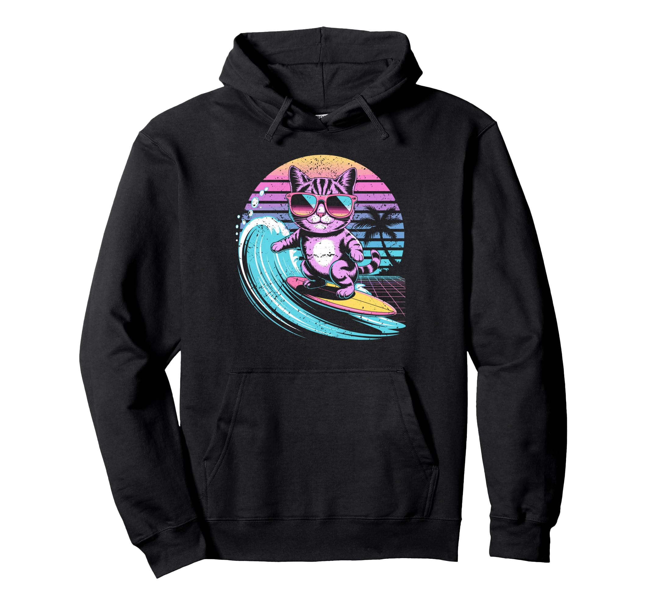Surfing Cat 80S Synthwave Summer Hoodie - Casual Everyday Wear for Adults - T-Shirt, Sweatshirt, Hoodie