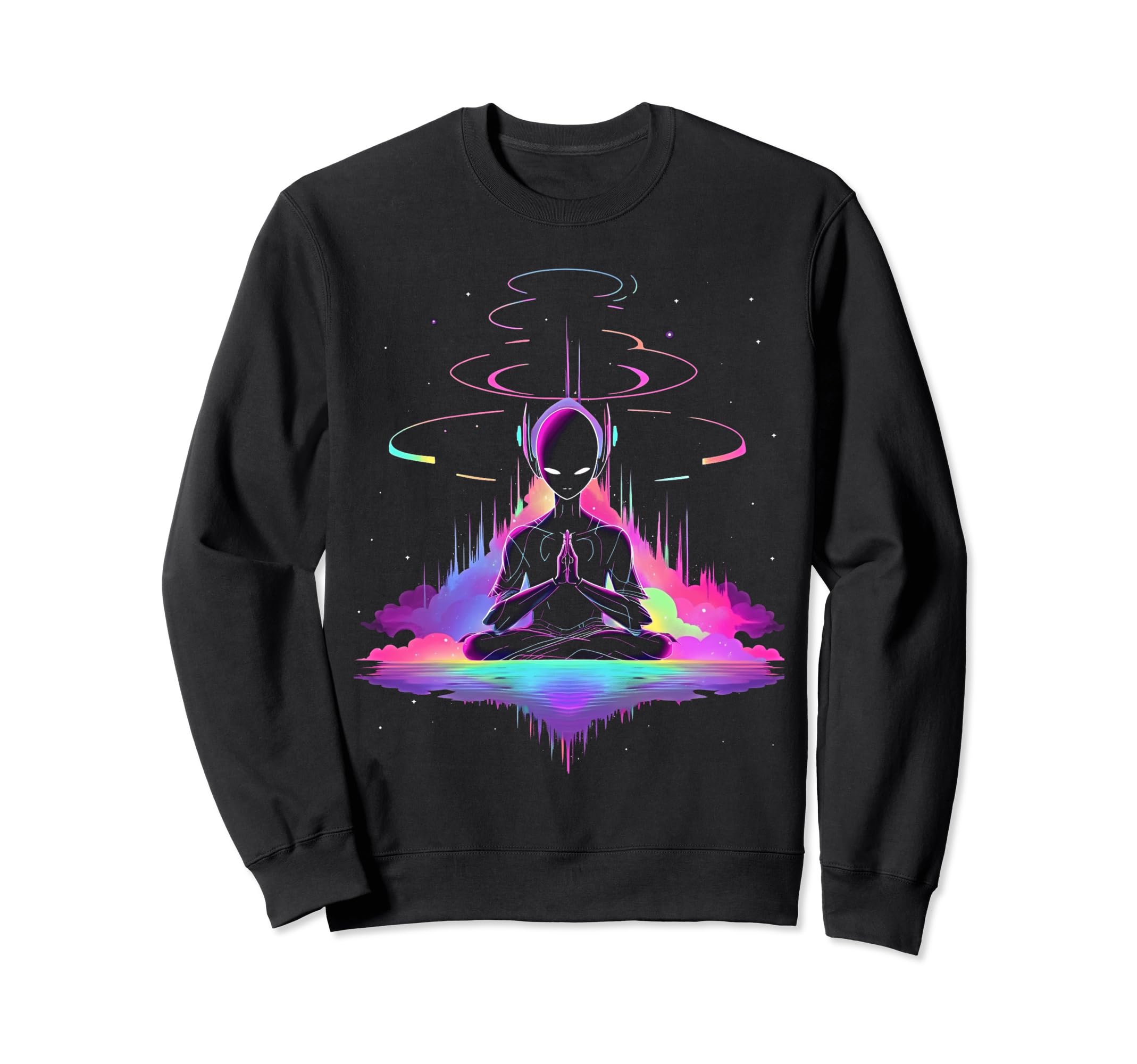 Synthwave Alien Buddha Cyberpunk Sweatshirt - Fun Novelty Design Unisex - T-Shirt, Sweatshirt, Hoodie