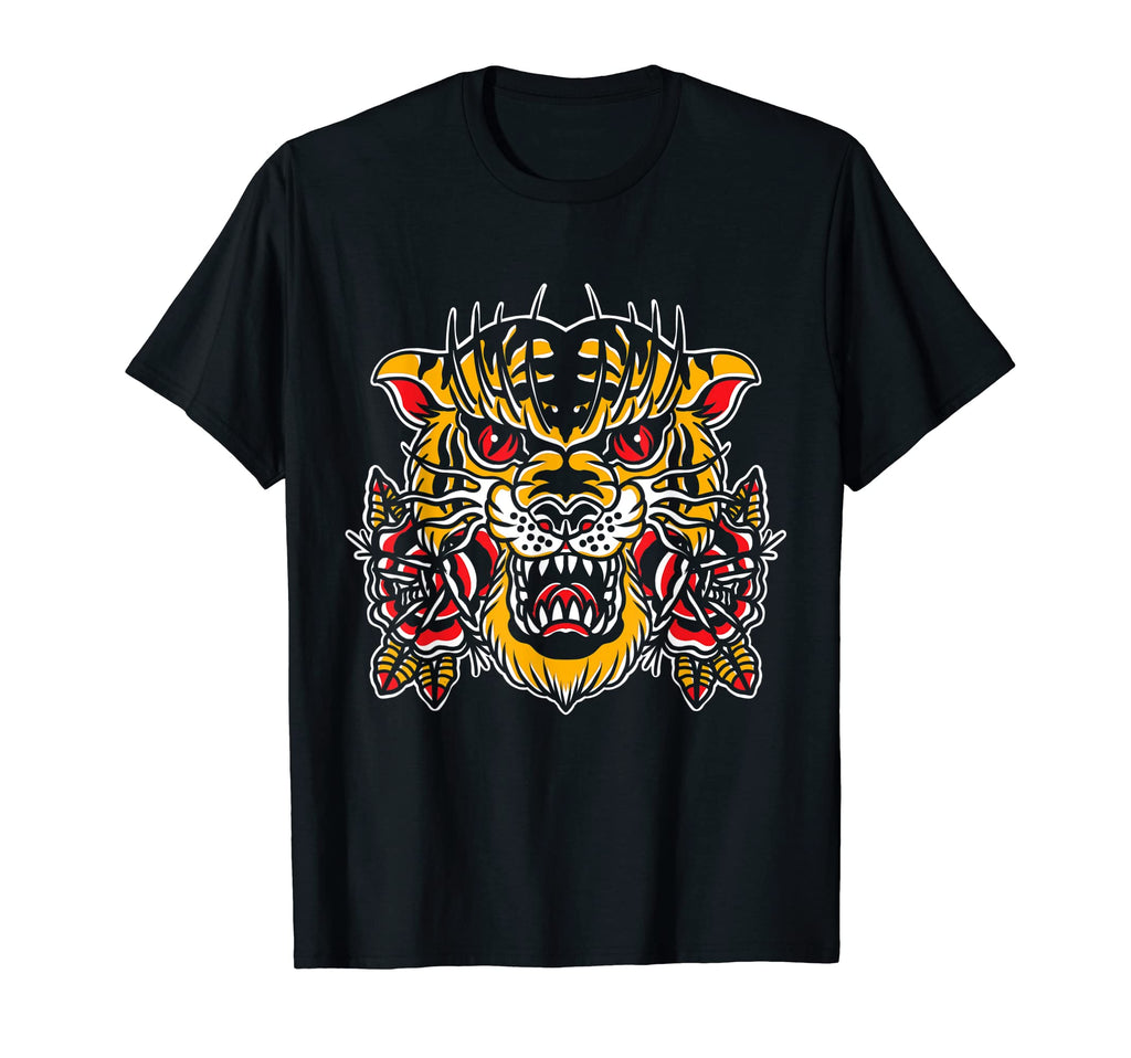 Traditional Tiger Flower Tattoo T-Shirt - Aesthetic Graphic for Adults - T-Shirt, Sweatshirt, Hoodie