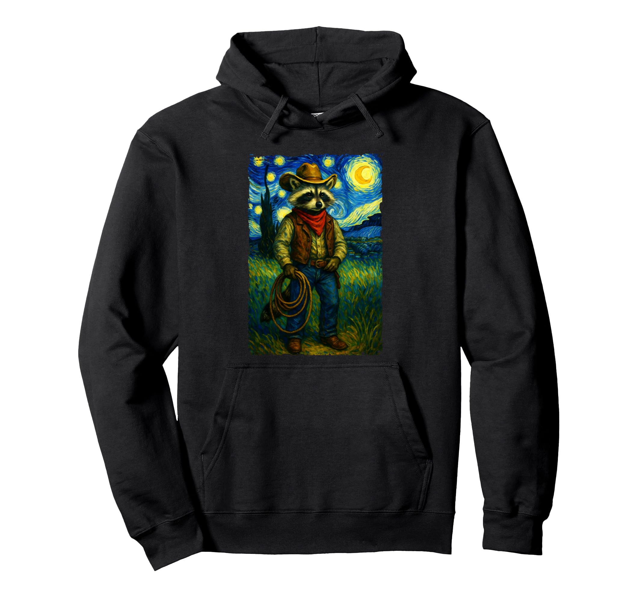 Starry Night Western Raccoon Cowboy Hoodie - Custom Art Print Men Women - T-Shirt, Sweatshirt, Hoodie