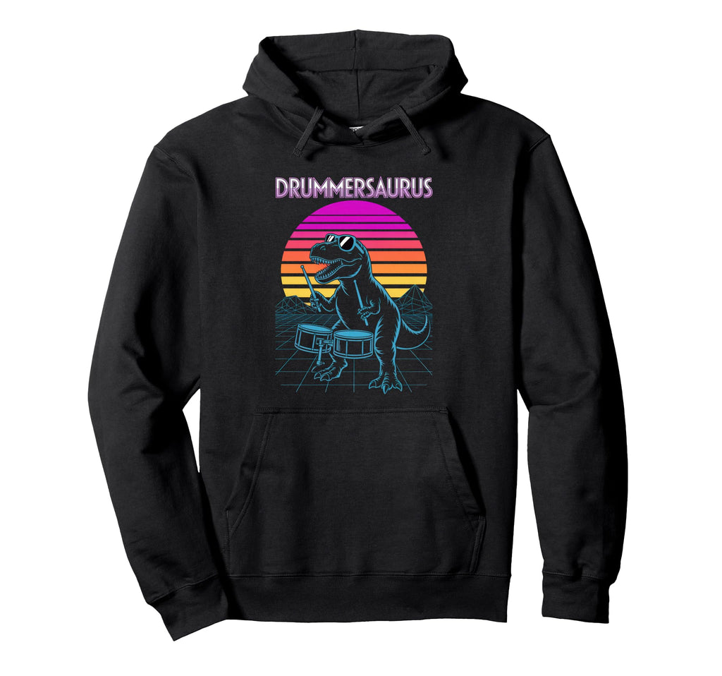 Drummersaurus T Rex Drummer 80S Synthwave Hoodie - Minimalist Print Unisex - T-Shirt, Sweatshirt, Hoodie