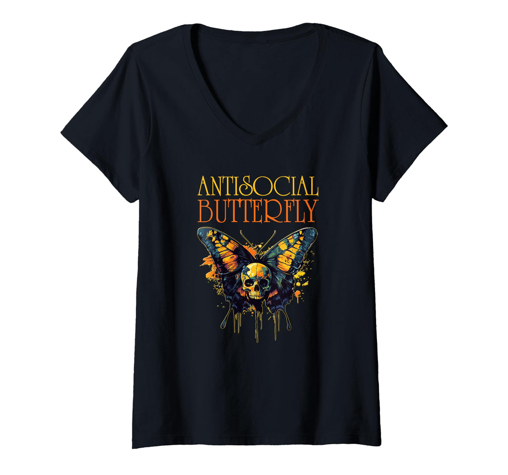 Womens Antisocial Butterfly V Neck T-Shirt - Graphic Print for Adults - T-Shirt, Sweatshirt, Hoodie